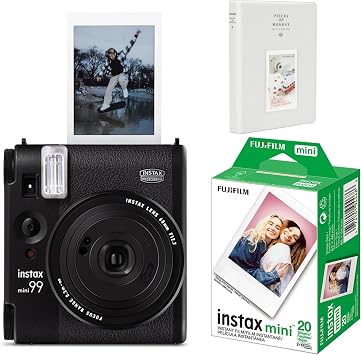 كاميرا فوجي فيلم Instax Mini 99 الفورية ، أسود غير لامع ، حزمة مع حزمة فيلم ضوء النهار الفوري ، 20 معرضًا + ألبوم صور Slinger لفيلم Instax Mini