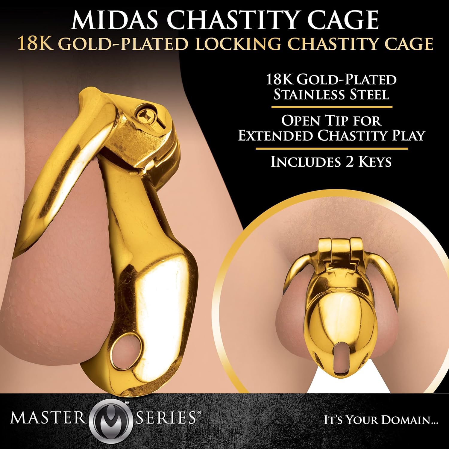 MASTER SERIES Midas 18K Gold-Plated Locking Chastity Cage for Men, and Couples. Gold Plated Cage with Two Graduated Rings & 2 Keys, Perfect for Chastity Play. 5 Piece Set, Gold.