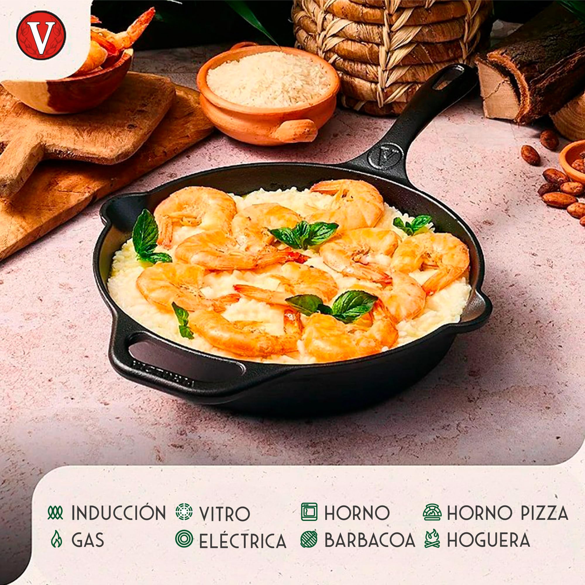 VICTORIA Sartén Hierro Fundido Esmaltado Amazonía Guacamaya Inducción 25cm | Apta para Fuego, Barbacoa, Horno, Vitrocerámica, Gas, Cast Iron sin PFOA