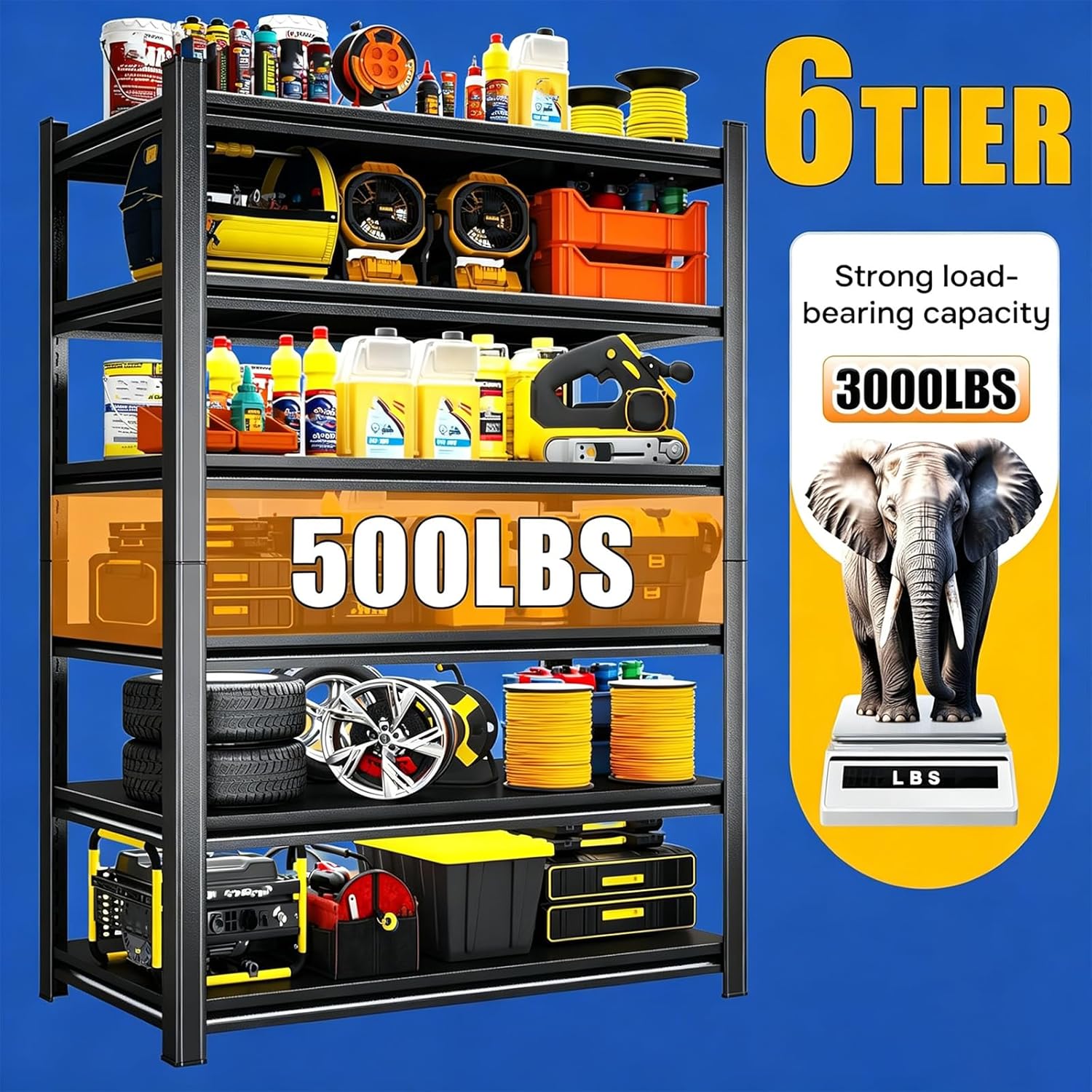 Heavy Duty Garage Shelving, 6-Tier Adjustable Metal Shelves, 3000LBS Garage Storage Shelves, Utility Storage Rack for Garage, Basement, Pantry, 39.4" W × 17.8" D × 81.9" H, Black
