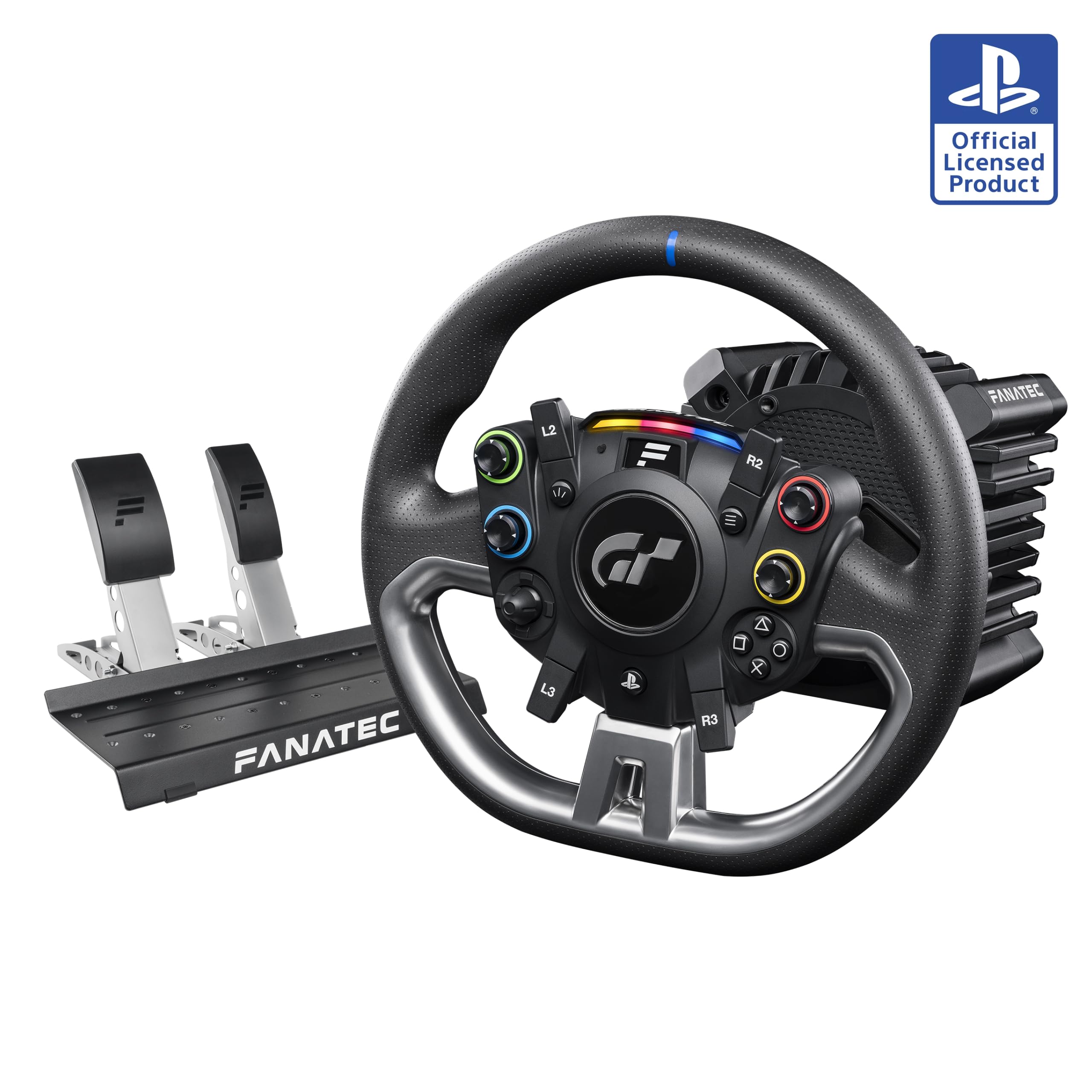 Fanatec Officially Licensed Gran Turismo DD Pro PlayStation Sim Racing Steering Wheel, Base and Pedals – Polyphony Digital Wheel, 5 Nm FluxBarrier Direct Drive, 2-Pedal Set for PC, PS5, PS4