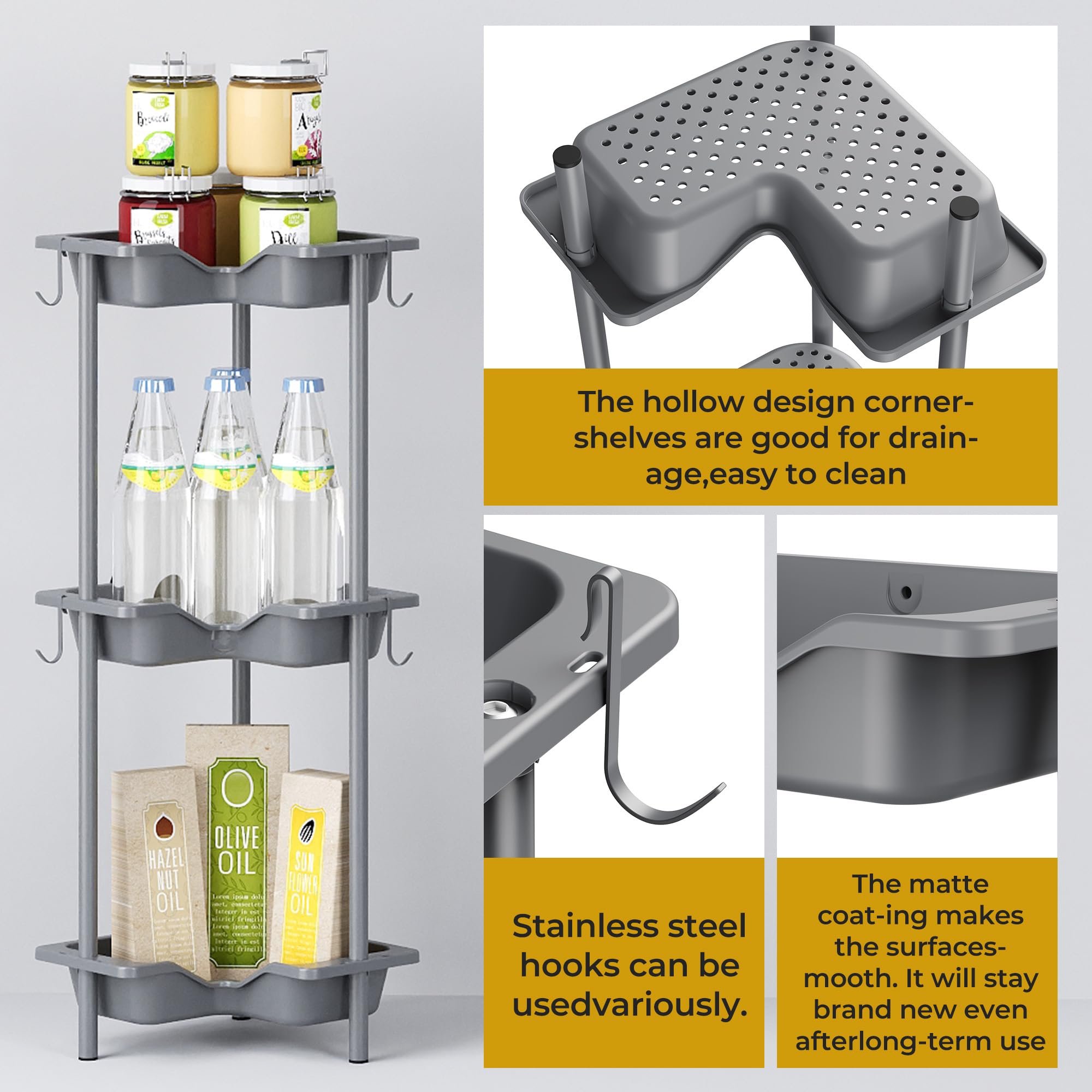 Oriware Porta Sapone per Doccia, Mensola Doccia Senza Foratura, Scaffale Angolare da Terra, Scaffale Bagno (Grigio, 3 Tier)