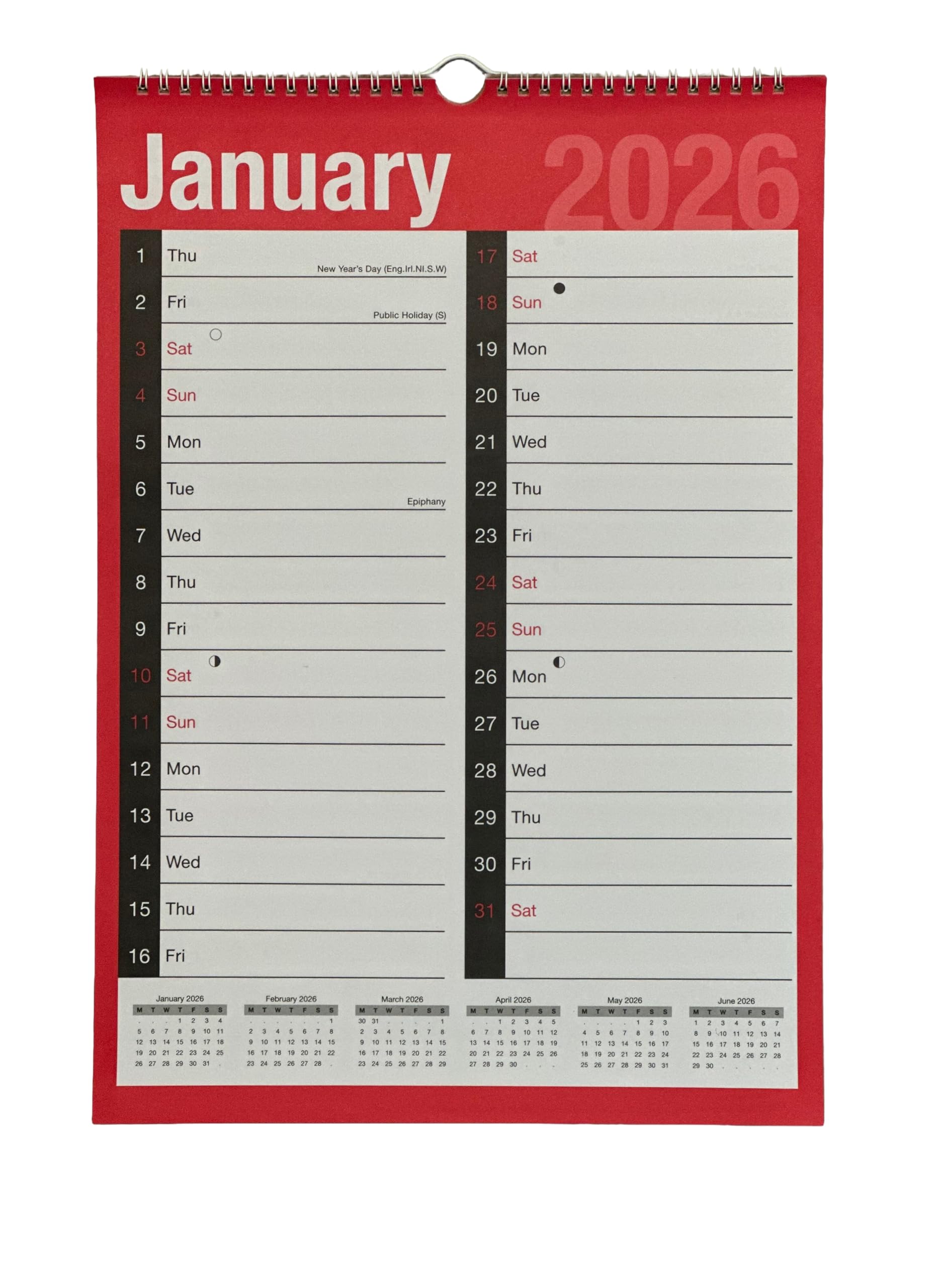 2026 A3 Calendar 2 Column Month to View Spiral Bound Wall Planner Red and Black CaLender