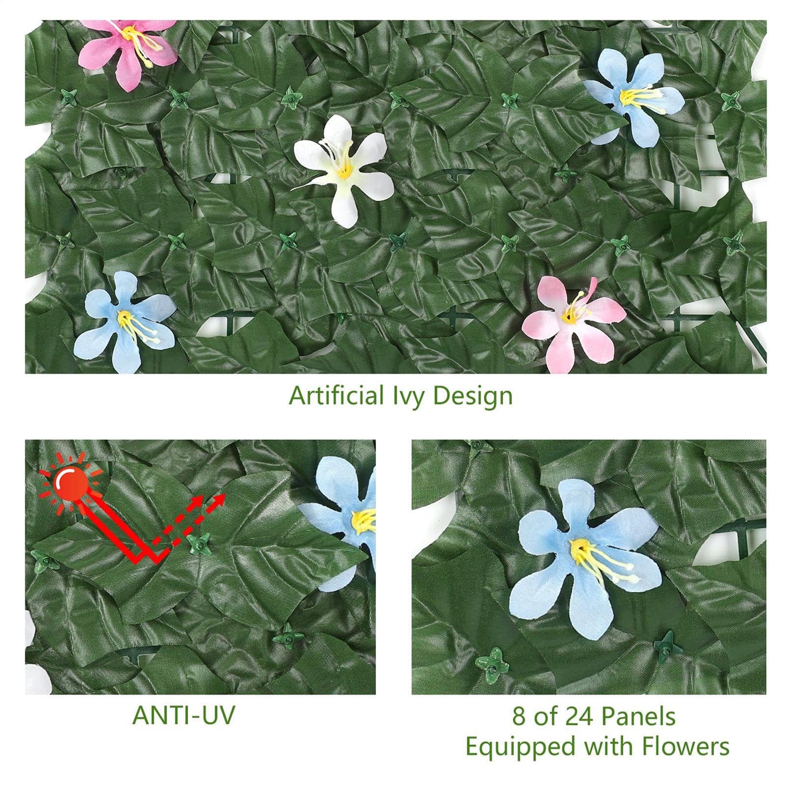 Rollo de seto decorativo de hojas de hiedra artificial verde con flores artificiales, 3 m x 1 m, valla de privacidad de hiedra artificial para pared, balcón, jardín, decoración de interior y exterior