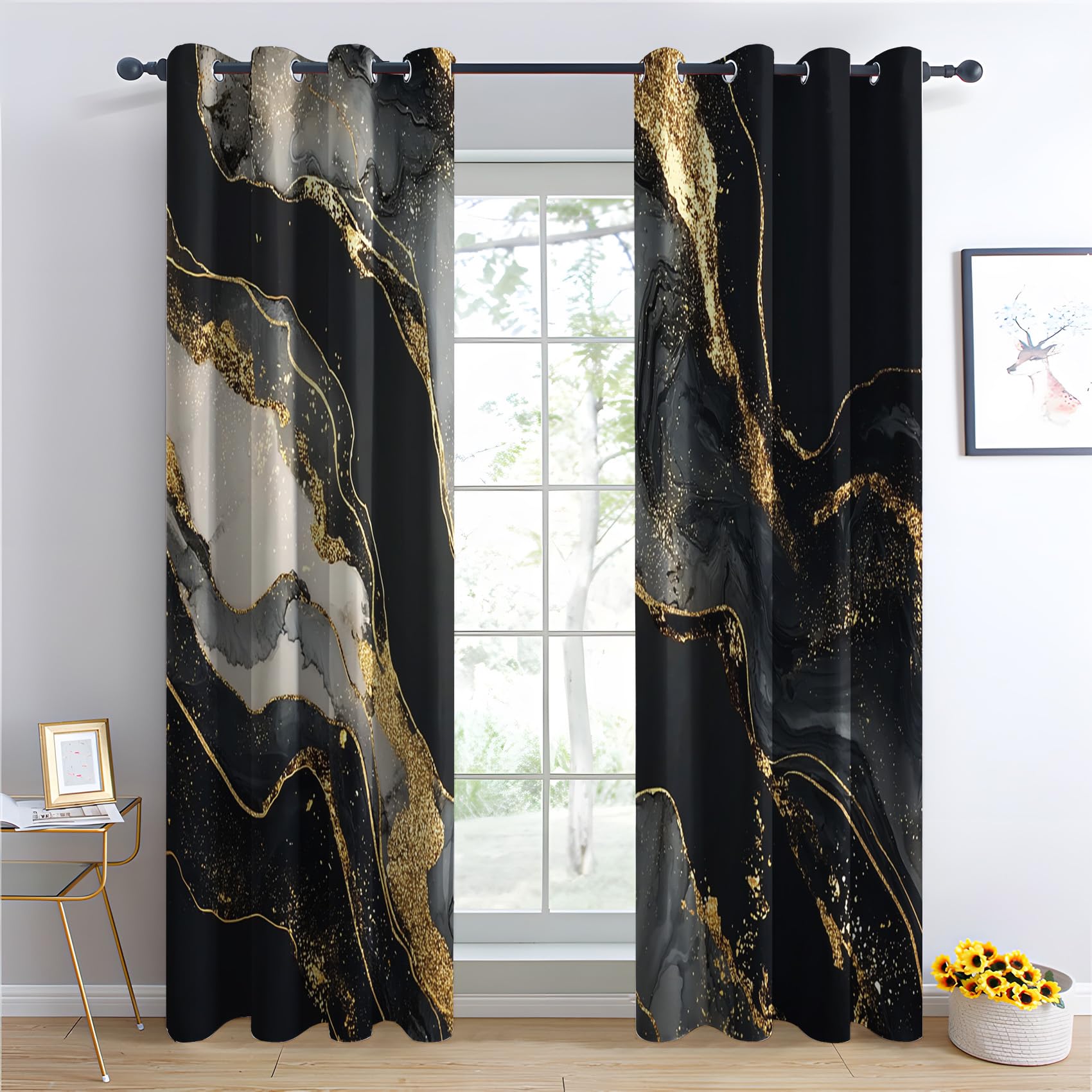 Venivici Marble Blackout Curtains for Bedroom Living Room - 90 Inch Drop Curtains Eyelet, Black and Gold Abstract Luxury Patterned Window Treatments, Thermal Insulated Drapes 66x90 2 Panels