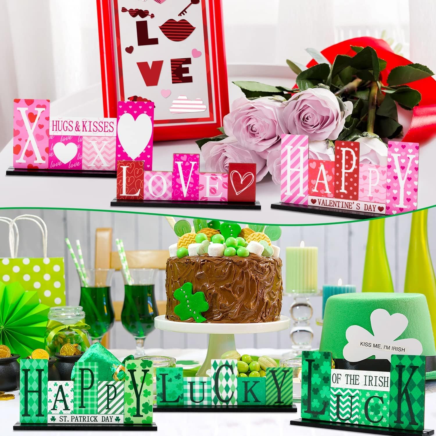 Decorazione Gnomo Reversibile Menkxi In Legno – Doppia Faccia San Valentino E San Patrizio, Con Base, 31,5x14,4 Cm, Centrotavola Festivo Per Casa