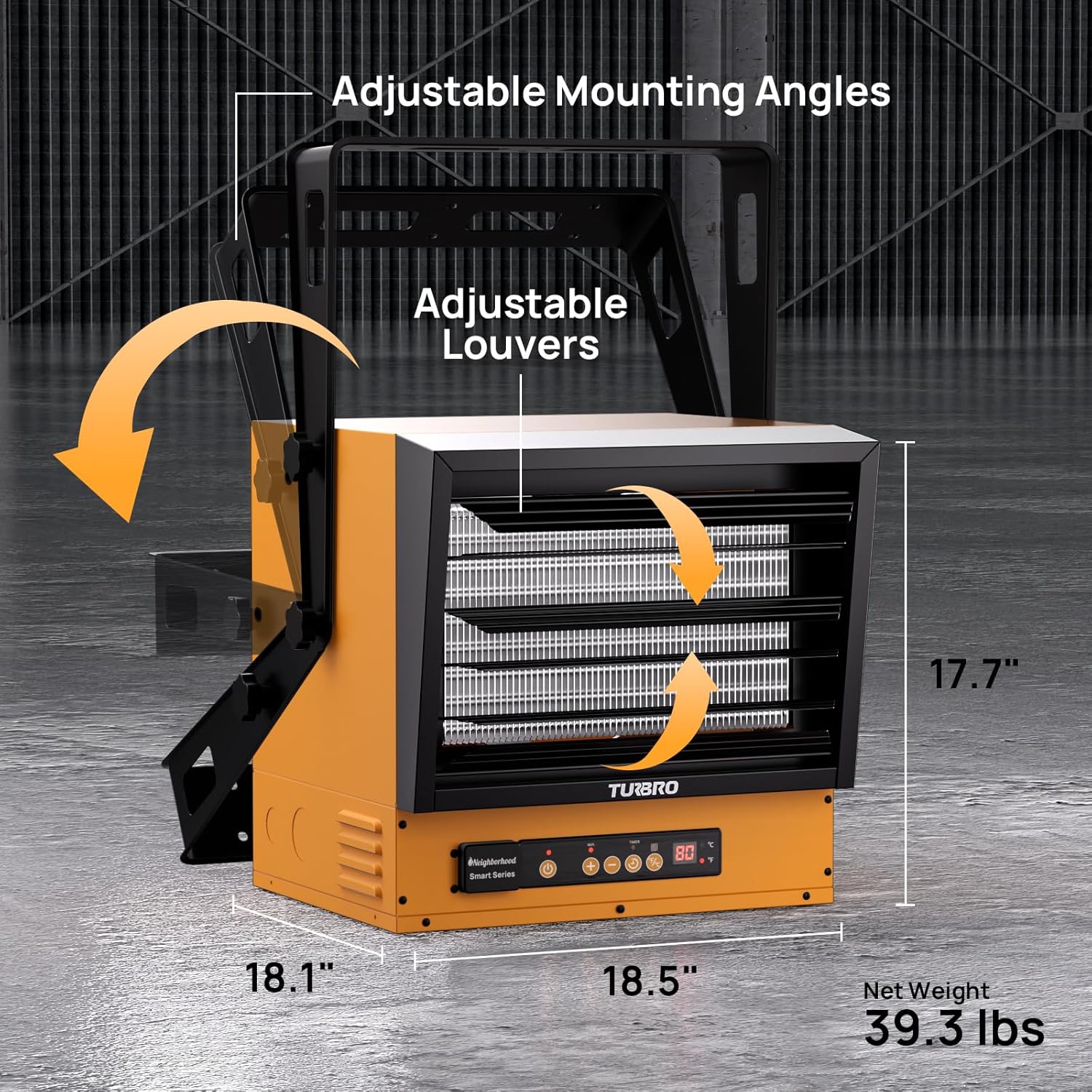 TURBRO GH15K Smart Heater with heating coverage areas indicated for different models.