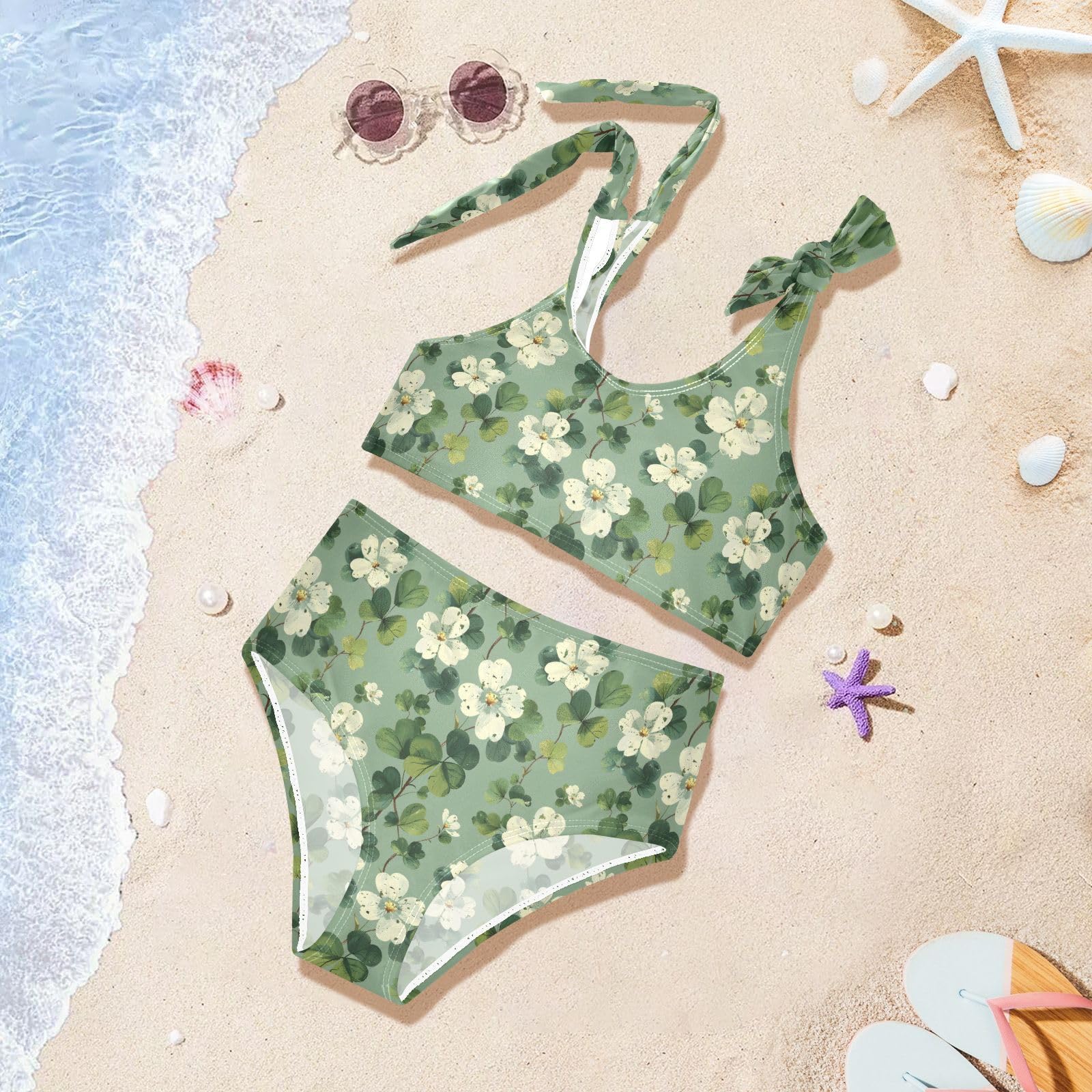 Flower White Leaves Girls Tankini Swim Set, Two Piece Swimsuits Summer Bikini Swimwear Set for Girls, 4T