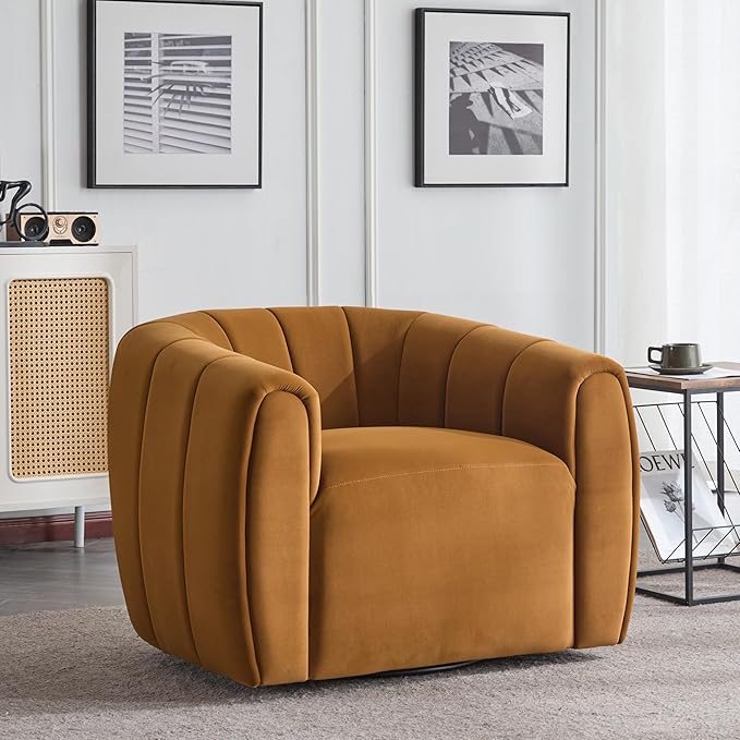 Christopher Knight Home Monroe Velvet Swivel Club Chair,Armchair with 360-Degree Rotation,Upholstered Barrel Swivel Sofa Chair for Living Room/Bedroom,Tufted Back,Thick Cushion, Iron Base, Dark Yellow