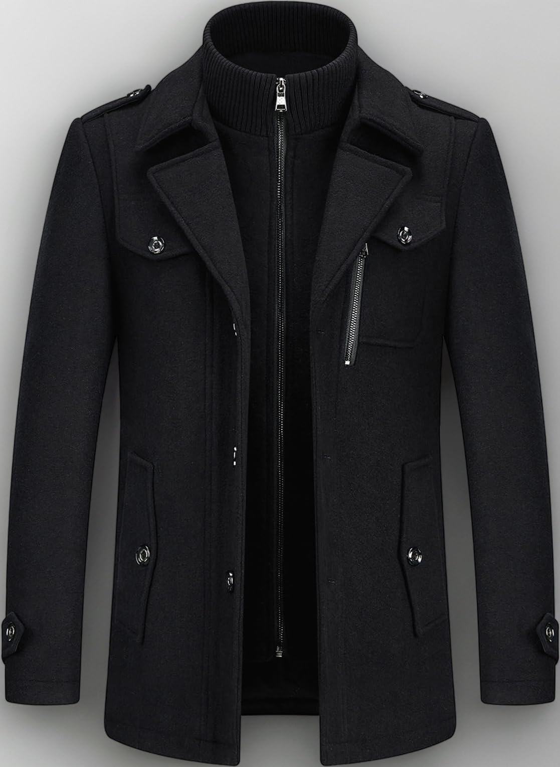 KUDORO Mens Wool Coats Short Winter Padded Trench Coat for Casual Business Outwear Thick Wool Blend Peacoat with Removable Inner Collar