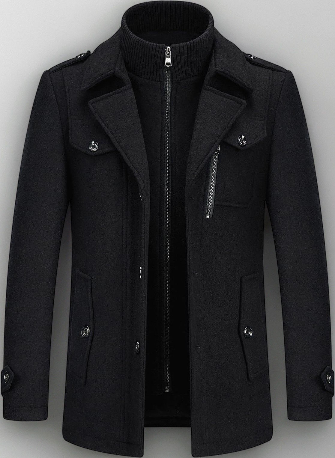 KUDORO Mens Wool Coats Short Winter Padded Trench Coat for Casual Business Outwear Thick Wool Blend Peacoat with Removable Inner Collar