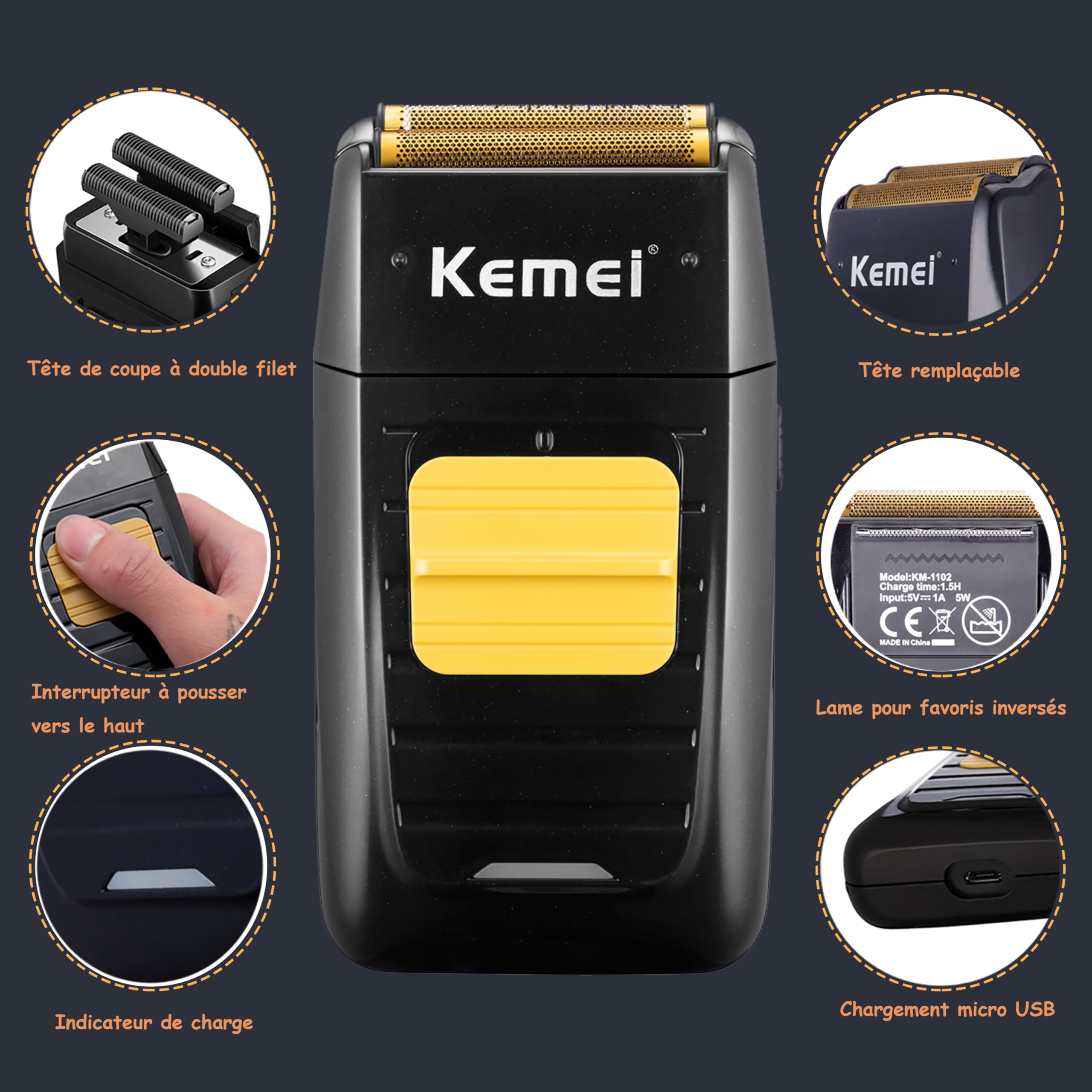 KEMEI Tondeuses à cheveux professionnelles sans fil, Rasoir électrique avec têtes de rechange