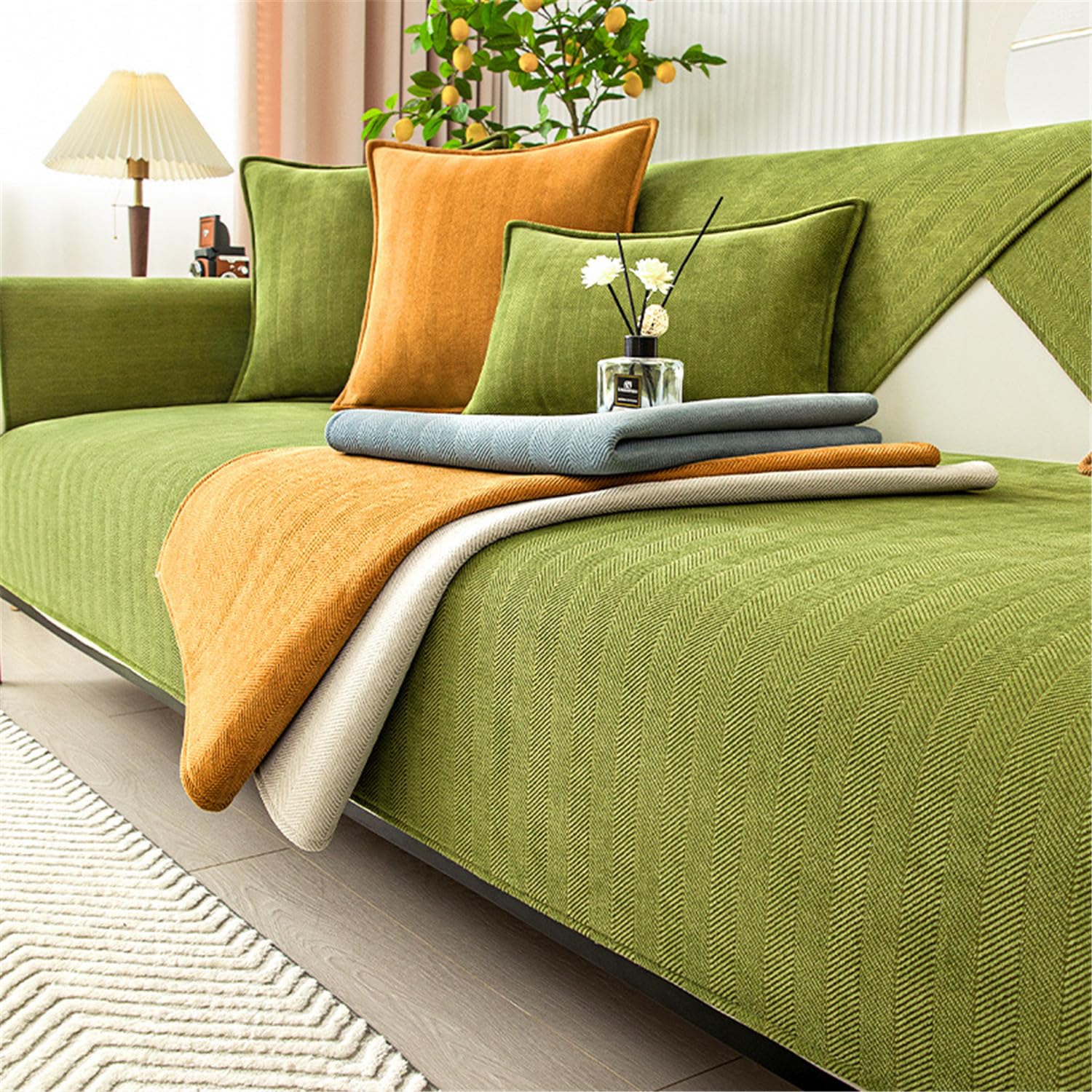LINGKY Herringbone Chenille Fabric Furniture Protector Sofa Cover 1 2 3 Seater, Non-Slip Sofa Slipcovers for Corner L Shape, Thick Textured Sofa Cushion Covers Furniture Protector (Green,70x150cm) — image 1