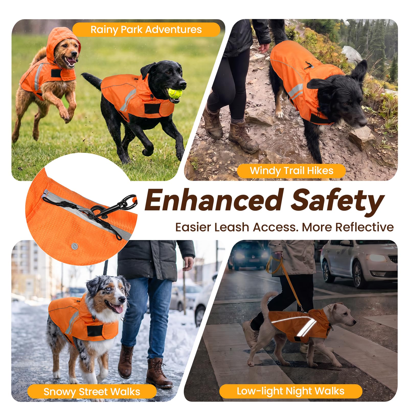 VIVAGLORY Impermeable para Perros Grandes, Fácil de Poner y Quitar, Ropa Reflectante, Ligera y Transpirable, Chaleco de Seguridad, Naranja
