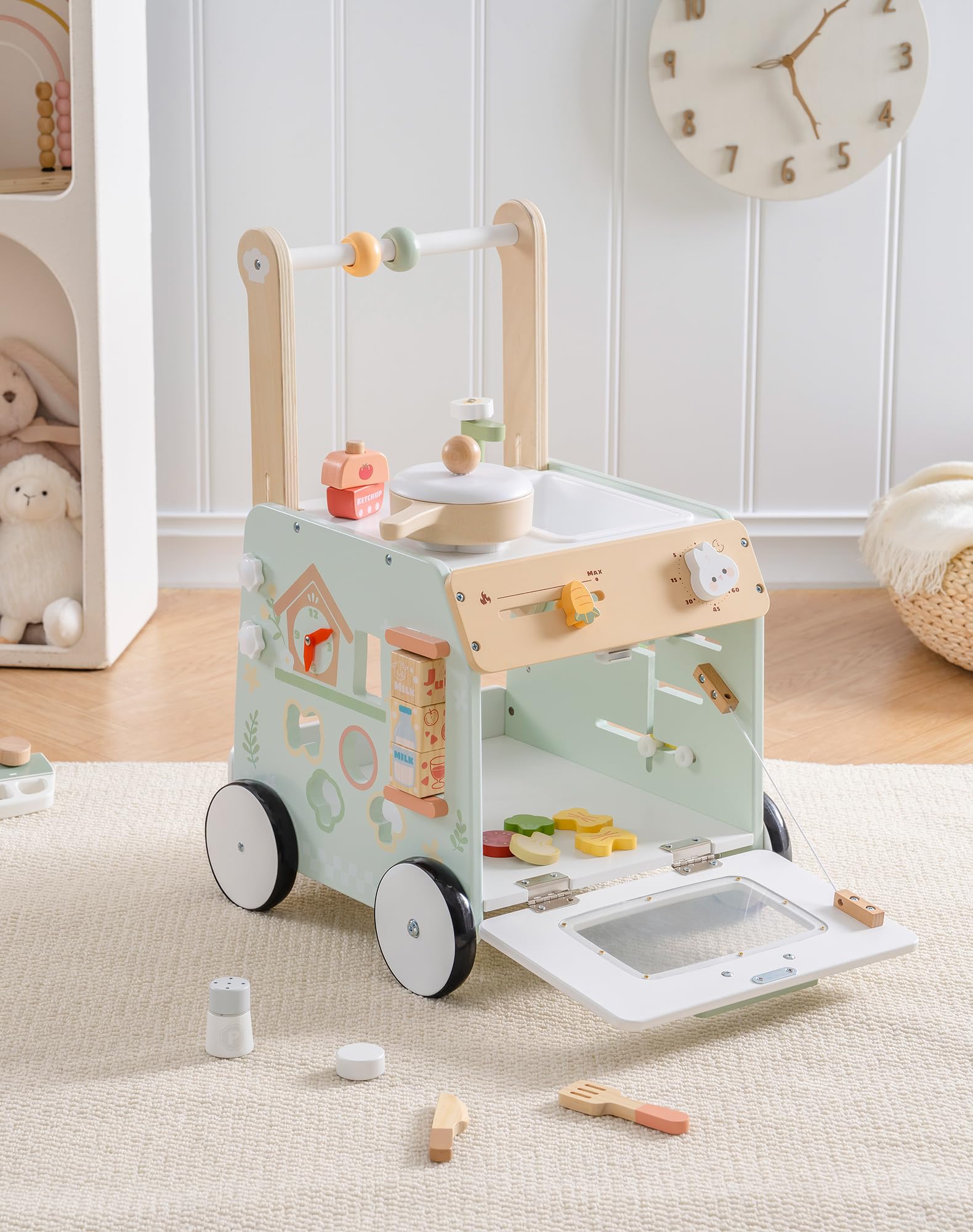 ROBOTIME Jouet en bois pour bébé avec ensemble de jeu de cuisine, cube d'activités 2 en 1 pour tout-petits, jouet éducatif d'apprentissage précoce, hauteur réglable et contrôle de la vitesse, cadeau