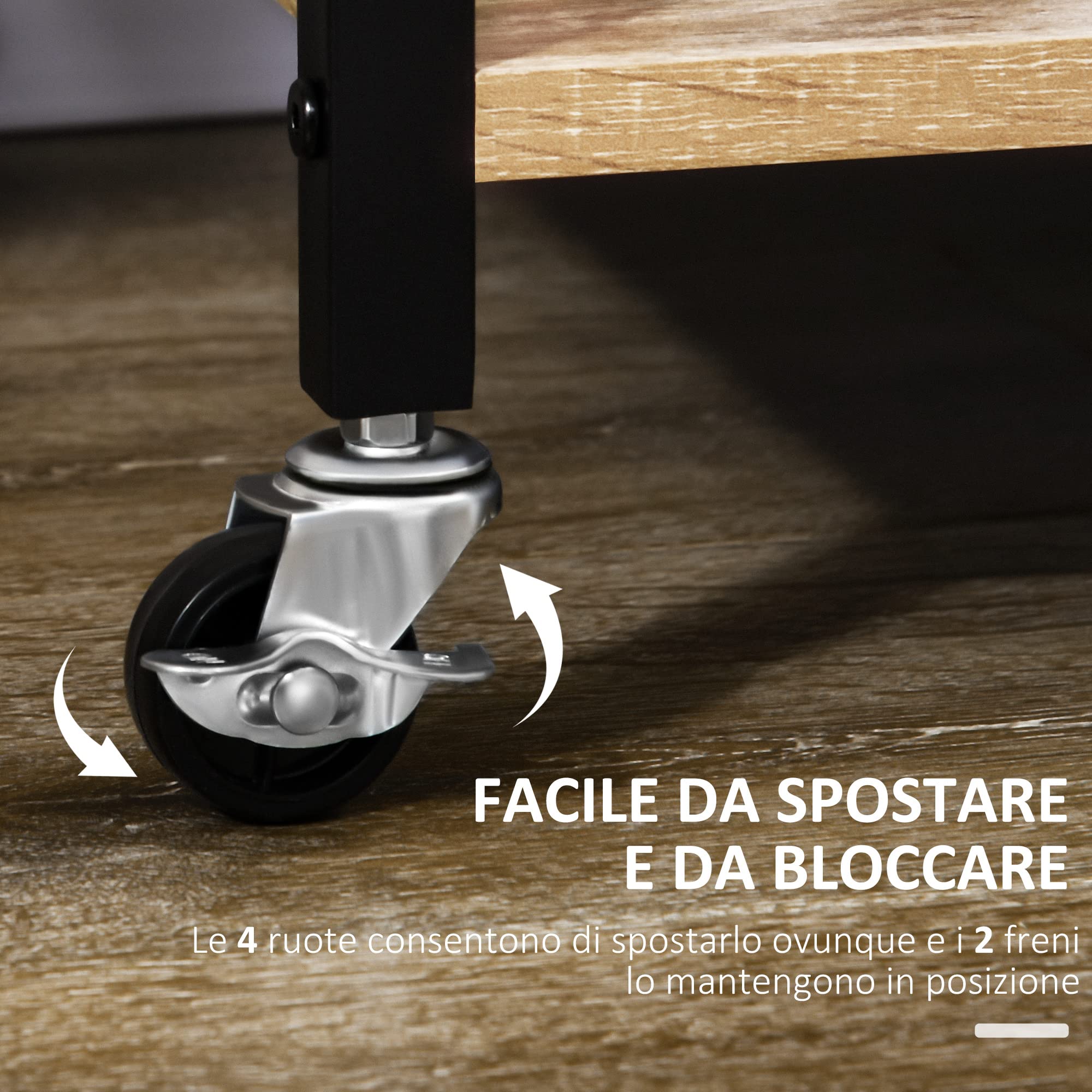 HOMCOM Carrello da Cucina a 3 Ripiani con Vassoio Rimovibile e Ruote Girevoli, Carrellino per Cucina in Stile Industriale 72x40x94cm, Legno e Nero