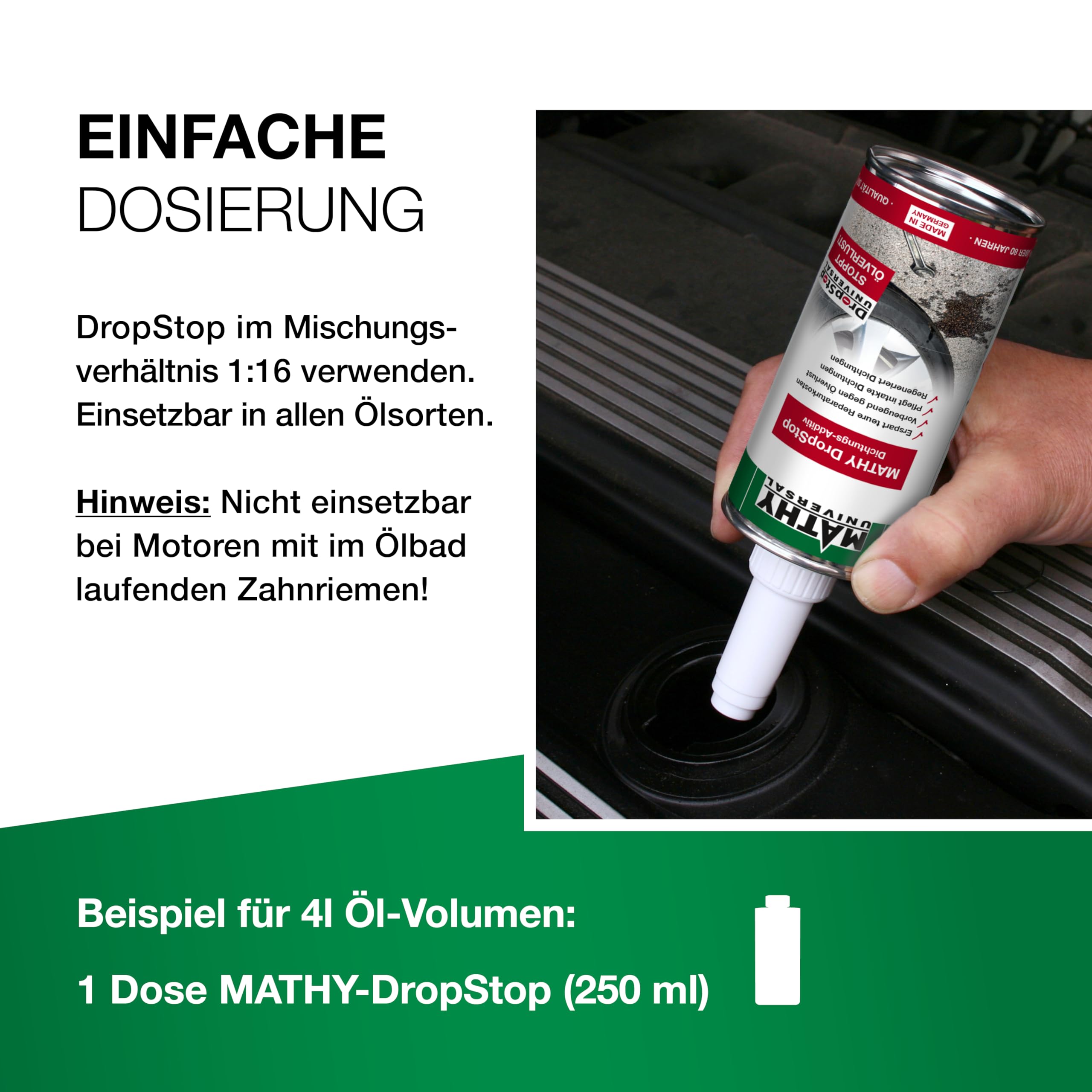 MATHY-DropStop Dichtungs-Additiv (250 ml) - Öl-Additiv stoppt Ölverlust im Motor, Getriebe, Hinterachsen & Servolenkungen - regeneriert Dichtungen