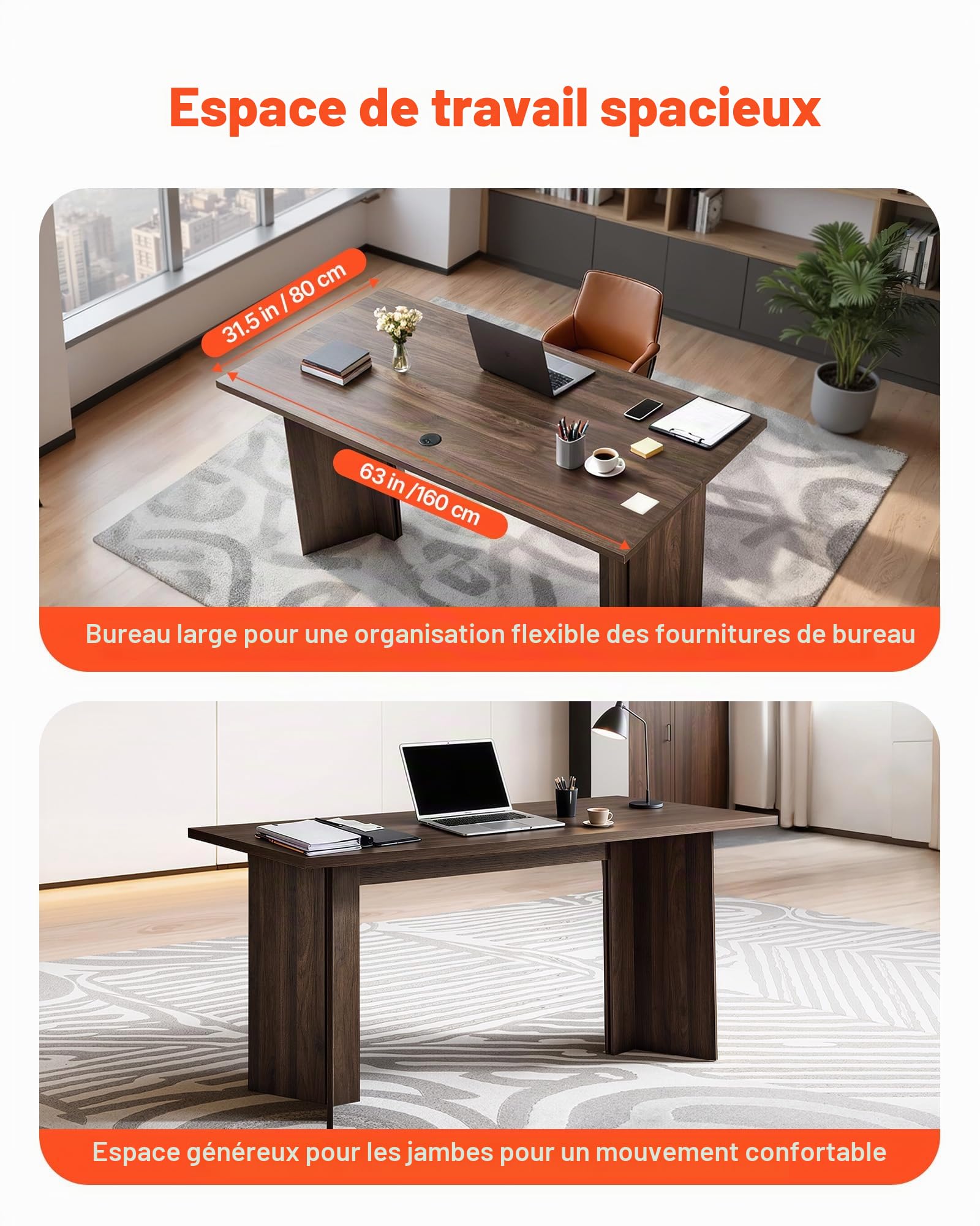 VEVOR Bureau de Direction, 160 x 80 x 76 cm, Bureau d'ordinateur Moderne avec Trou de Connexion de câble, Charge de 113,4 kg, Grande Table d'étude en Bois Robuste, pour Travail et écriture, Noyer