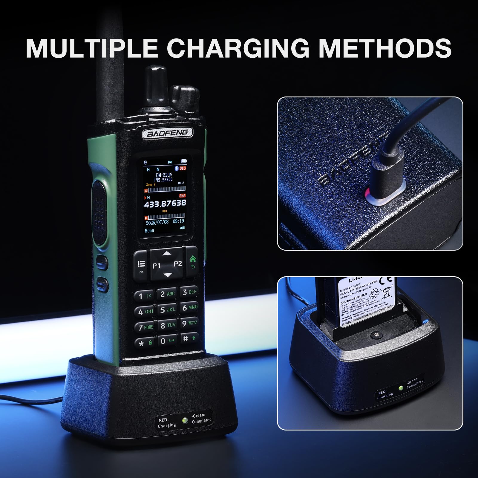 Radio BAOFENG DM-32UV DMR 10W portatile UHF/VHF/AM/FM con GPS e APRS digitale, doppio slot Tier II, display 2", 4000 canali, zielona