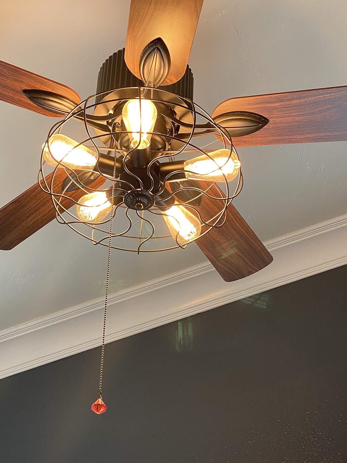 Get Special Price Bella Depot 48 Vintage Industrial Ceiling Fan Light, Remote Control & Pull Chains, 5 Wood Reversible Blades, Black Cage Ceiling fan for Living Room/Bedroom/Restaurant etc.