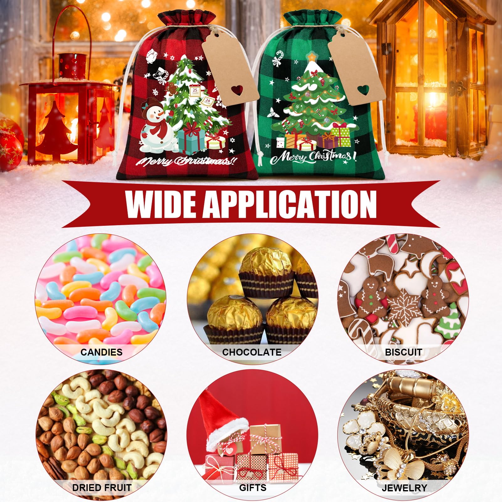 FLOE 24Pcs Burlap Christmas Drawstring Bags, 6x8in Buffalo Plaid Xmas Gift Bags w/Tag Xmas Candy Bag Small Christmas Linen Treat Goody Gift Sacks Reusable Gifts Wrapping Bag Holiday Party Favors Sack