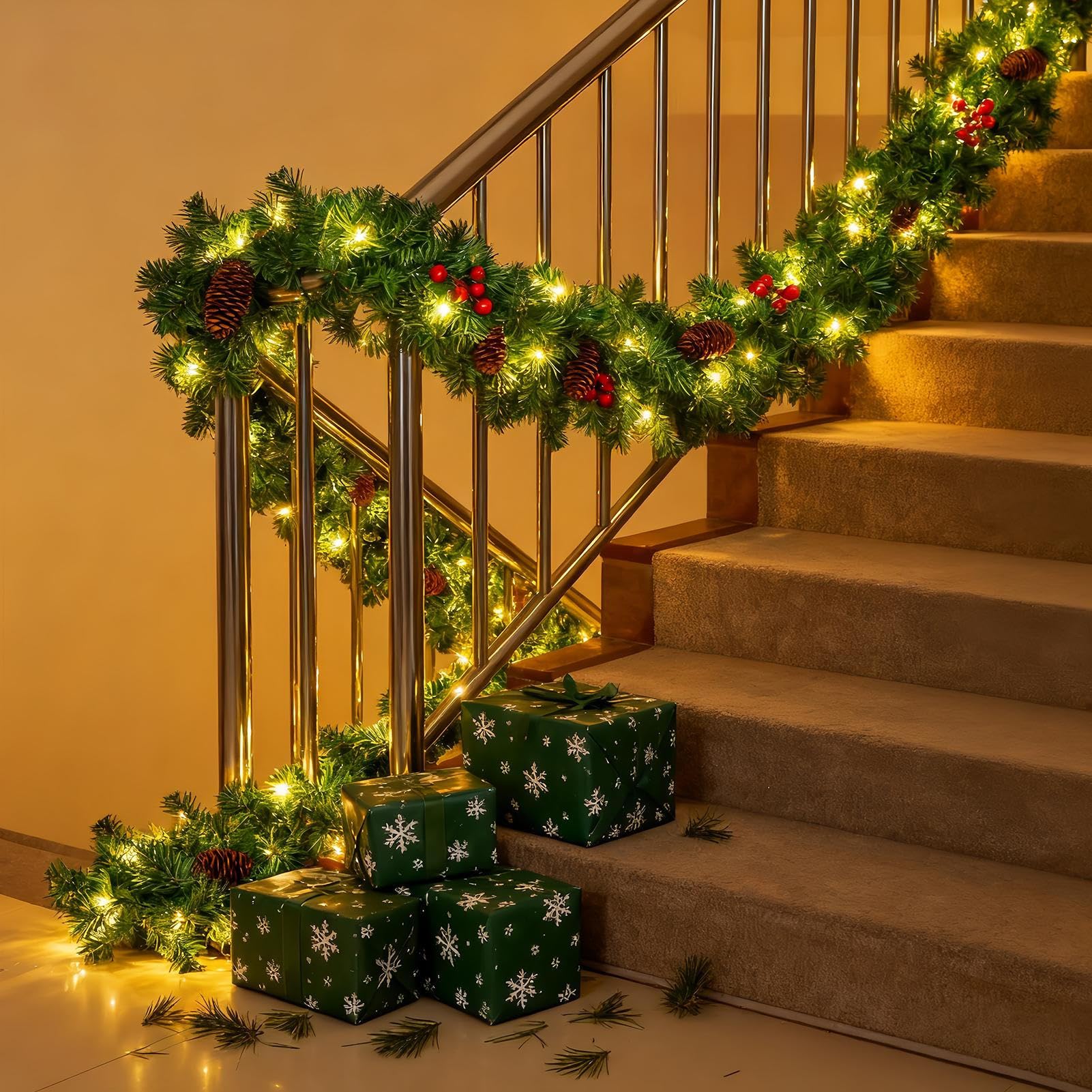 Weihnachtsgirlande 2.7 Meter Tischgirlande | Kunstlicher Realistischer Mit Roten Beeren Und Tannenzapfen Deko Für Kaminholz Tisch Wand Hochzeit Festlich