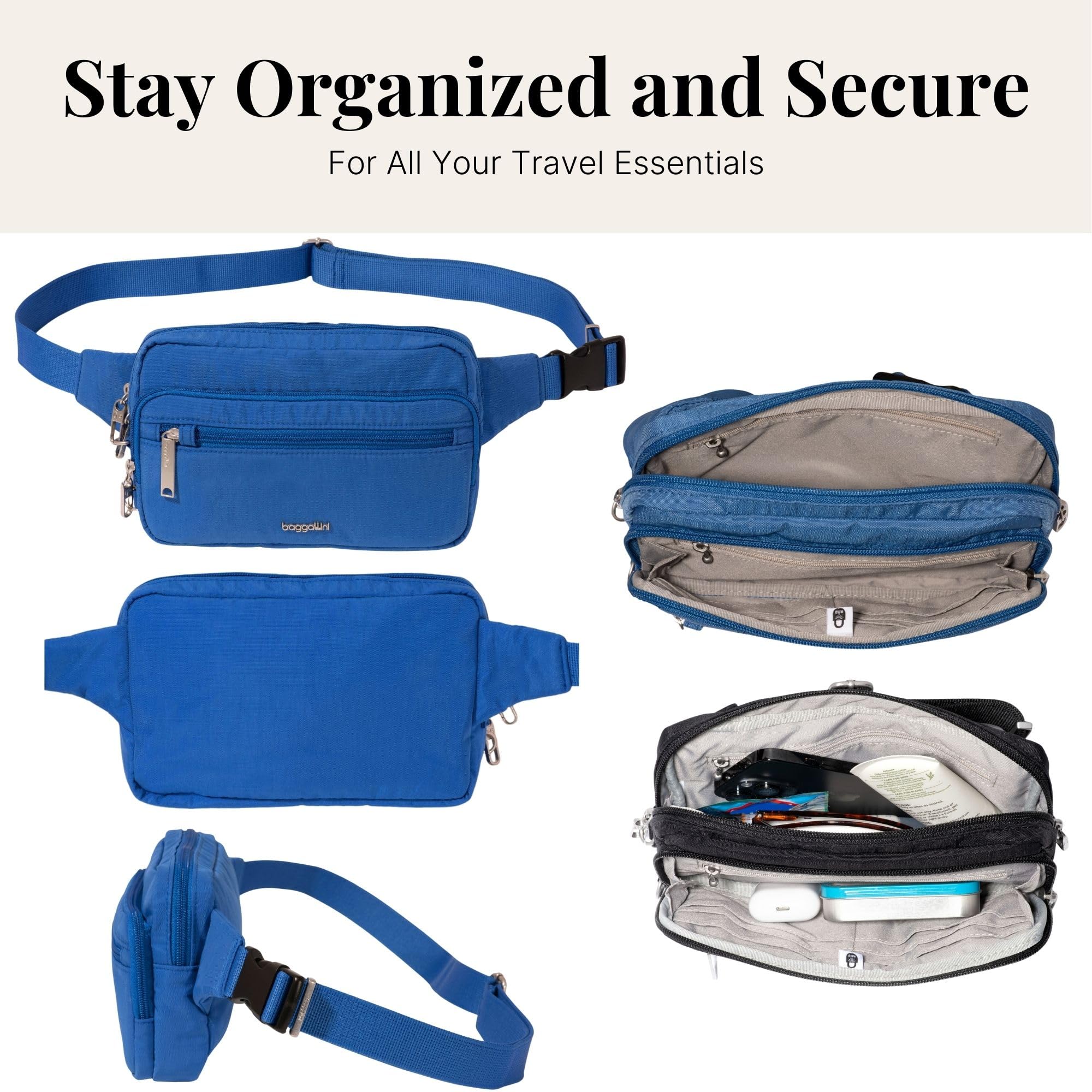 Baggallini Securtex Antykradzieżowa nerka dla kobiet z ochroną RFID, zamek z blokadą, torebka podróżna na ramię, przez ramię, One Size