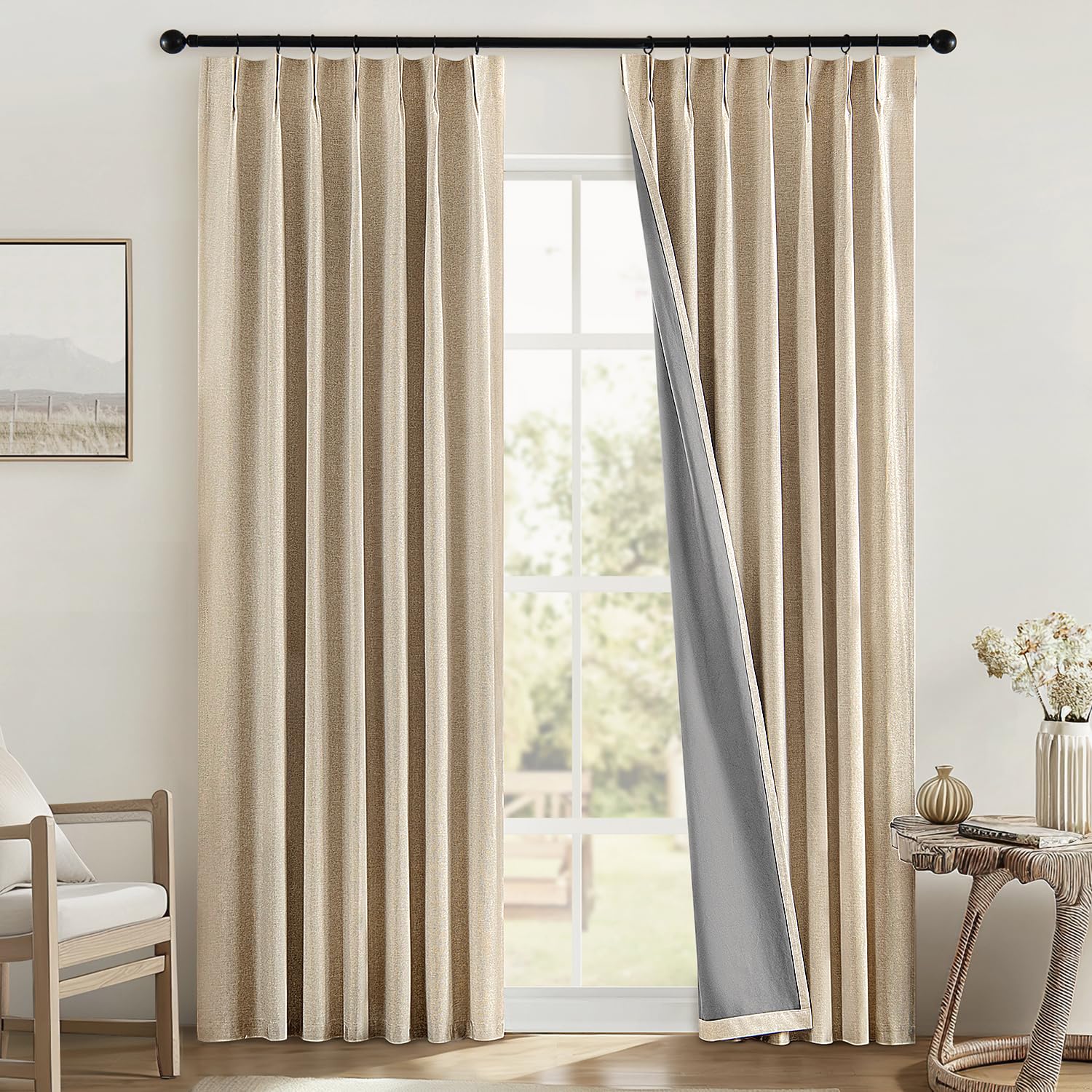 MIULEE Linen Pinch Pleated 100% Blackout Curtains for Bedroom 84 Inch Long 2 Panels Set - Back Tab Track Black Out Curtain for Living Room Darkening