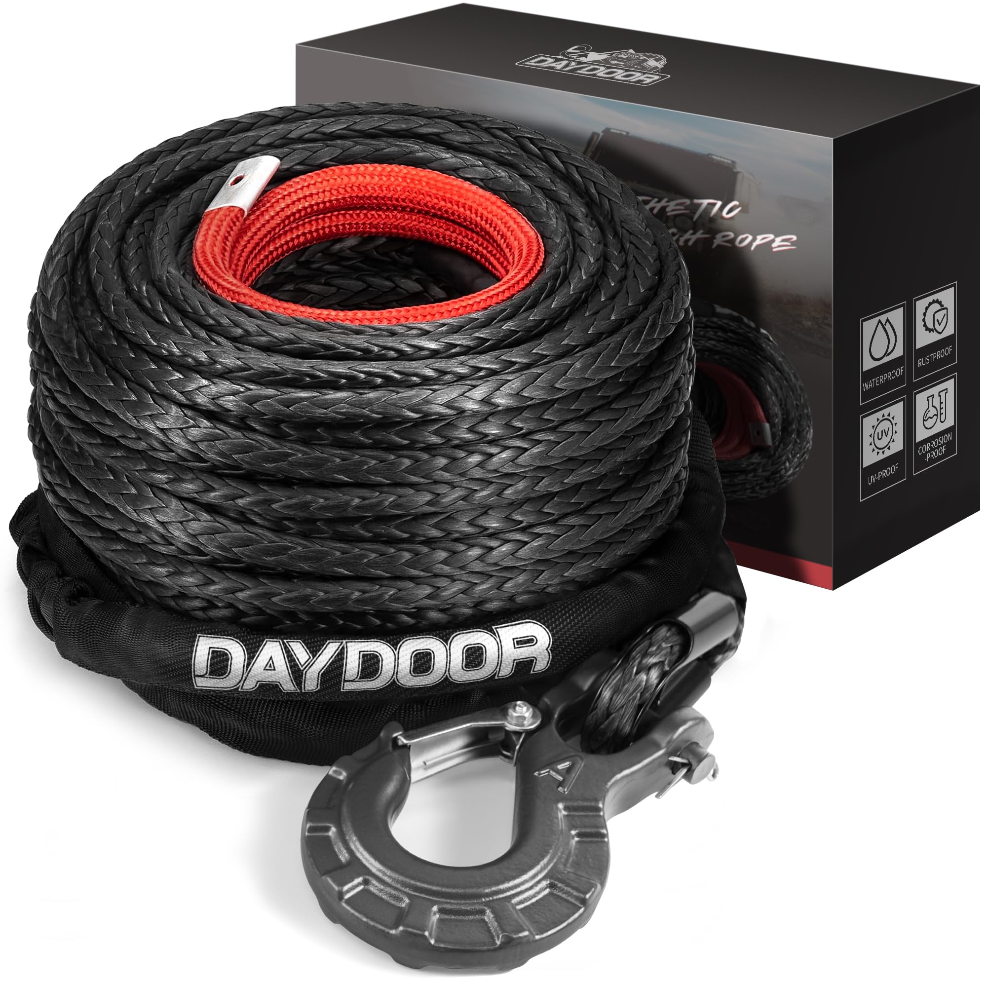 DAYDOOR 1/2'' x 92ft Synthetic Winch Rope, 31,500 Lbs Winch Rope Cable Kit, Winch Line Replacement with Protective Sleeve and Heavy Duty Forged Winch Hook for 4WD Off Road Truck