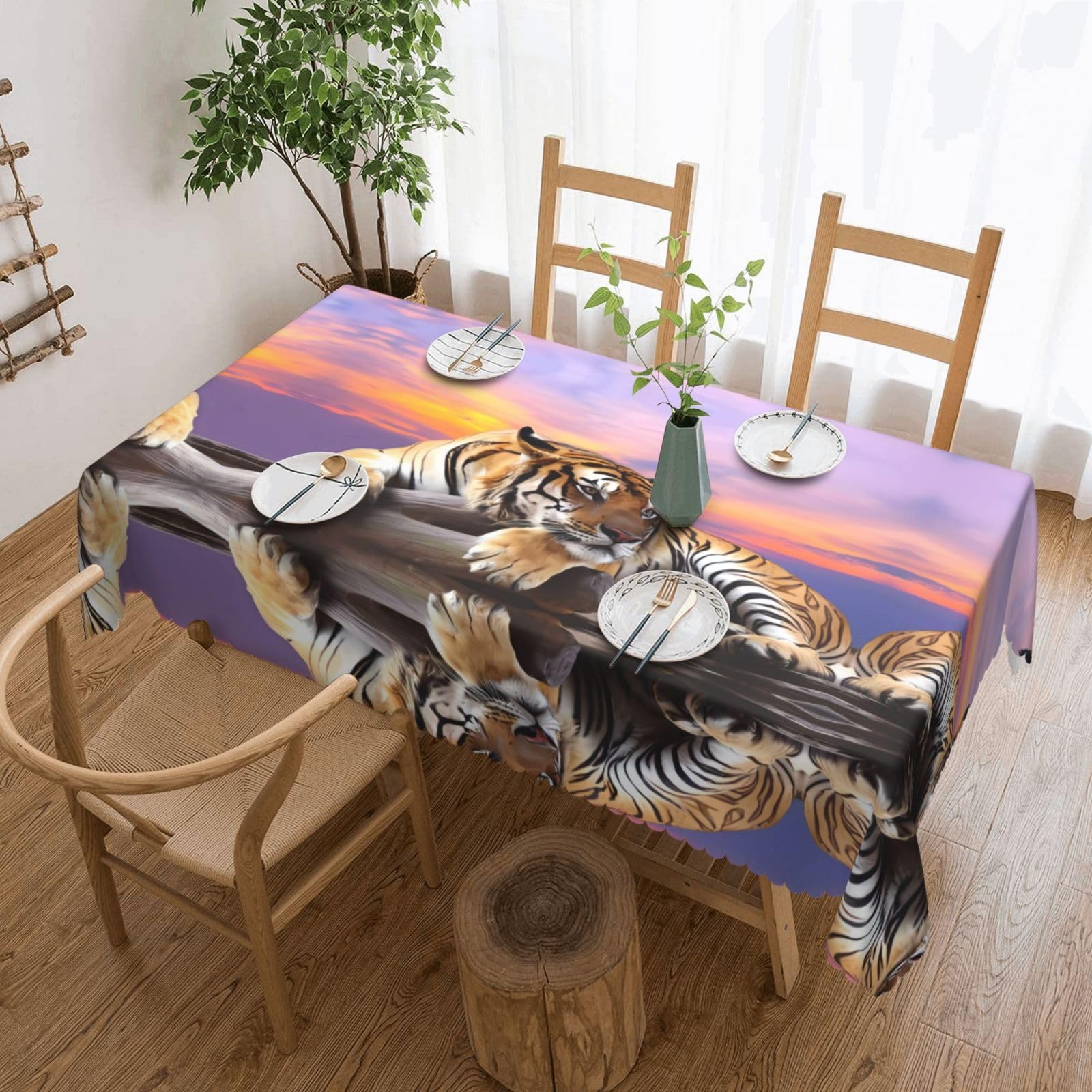 HLSBSSL Tiger Lying on Wood Patterned square lace tablecloth, wrinkle-resistant and durable, suitable for dining tables, parties, etc.