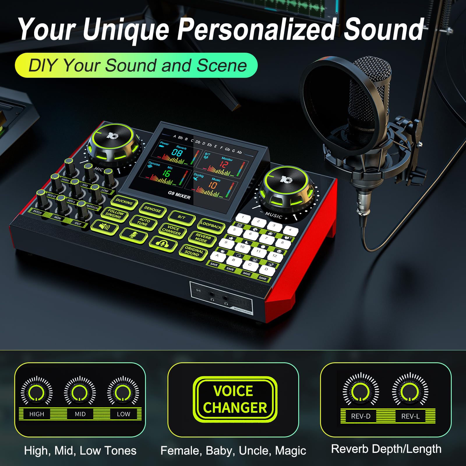 G9 Podcast Equipment Bundle with 3.5mm Condenser Microphone for Pc/Phone Live Streaming Singing Gaming, Podcast Microphone Bundle with Live Sound Board Audio Mixer,Voice Changer, Denoise,DJ Sets