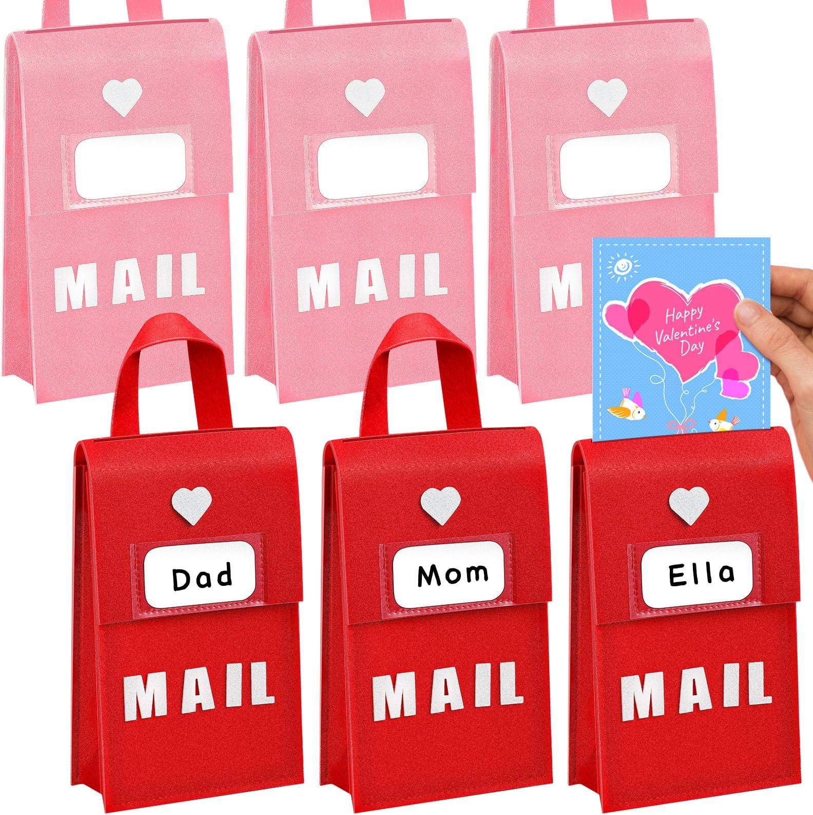 6 Pcs Valentine Felt Mailbox for Kids Classroom Exchange Gifts Holiday Card Box with 12 Cards 6 x 10 x 3 Inch Hanging Mailbox for Valentine Party Favor Supplies (Red,Pink)