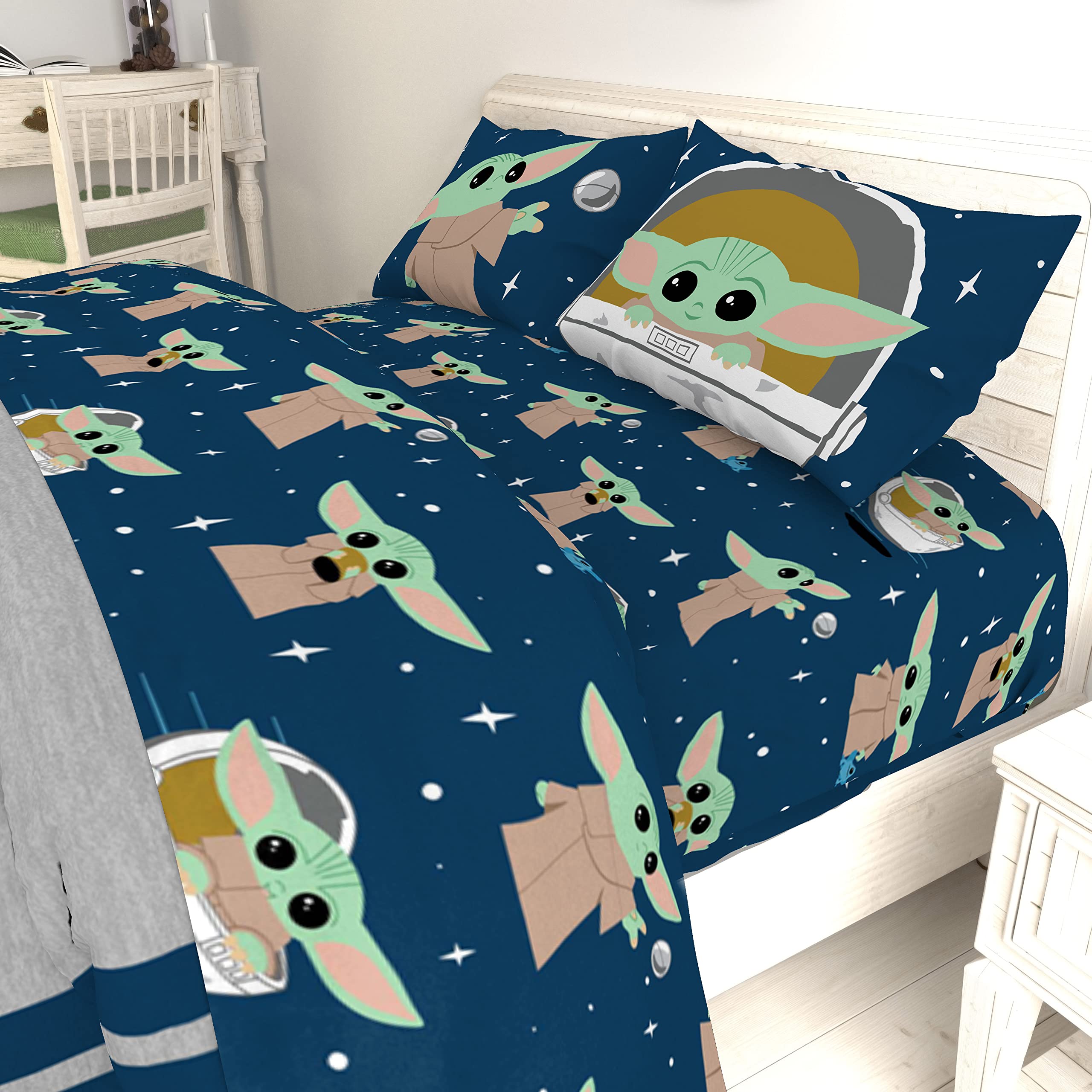 Star Wars The Mandalorian Hello Grogu - Juego de sábanas tamaño Queen de 4 piezas para niños, súper suave y acogedor, sábanas de microfibra resistentes a la decoloración (producto oficial 7