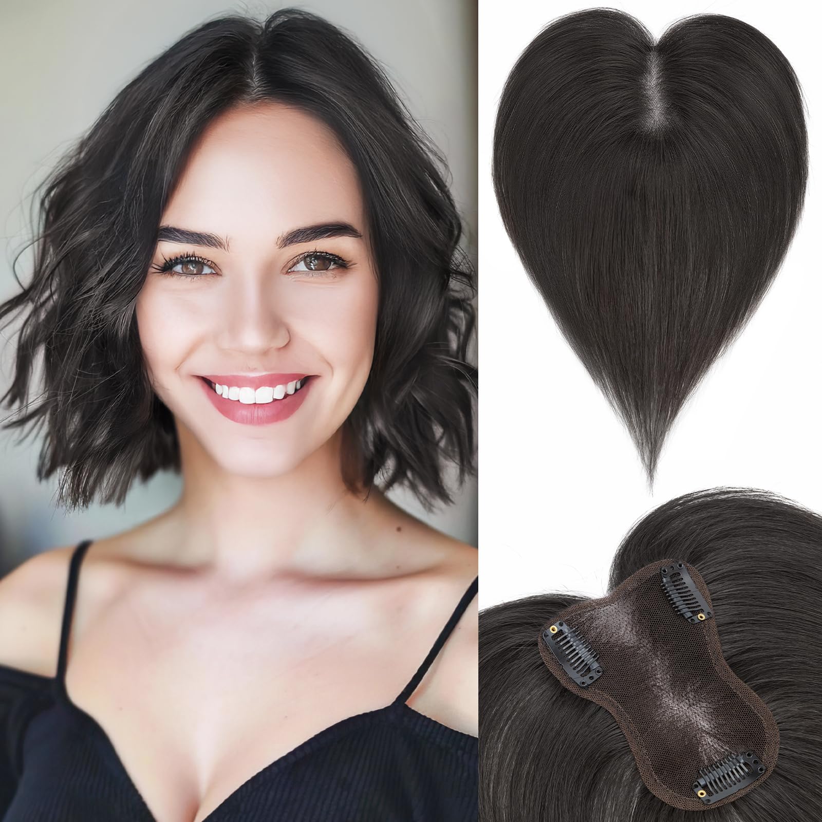 SEGOHAIR Hair Toppers for Thinning Women Real Human Hair 360°3D Coverage Hand-stitched Hairpieces Clip in Extension Add Volume,8x11 inch Natural Black,20g