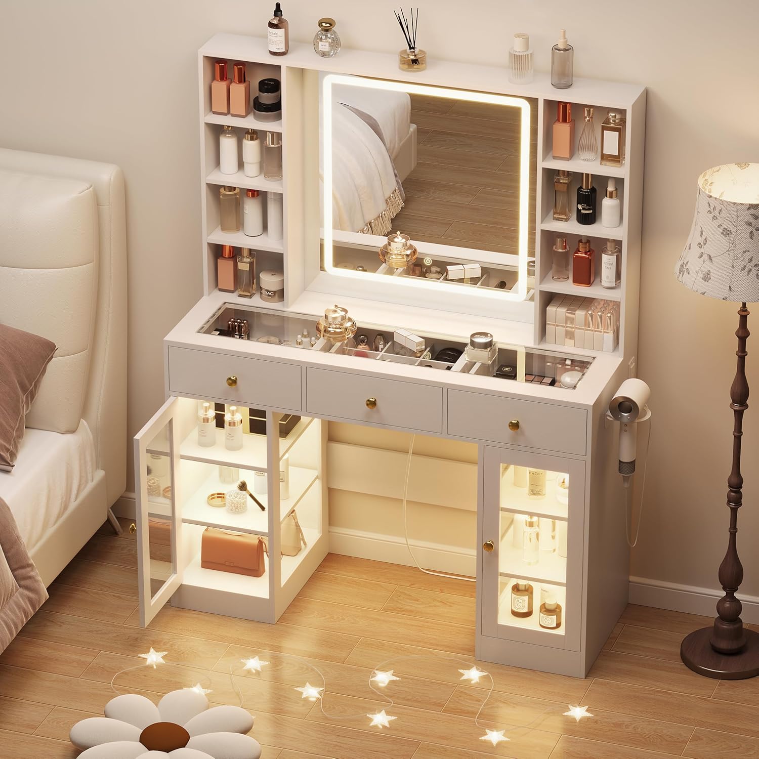 White Vanity Desk with Mirror and Lights, 43.4" Makeup Vanity Table Set with Lighted Mirror & RGB Glass Cabinet, 3 Drawers, Glass Top Dressing Table with Large Shelves for Girls, 3 Color Modes