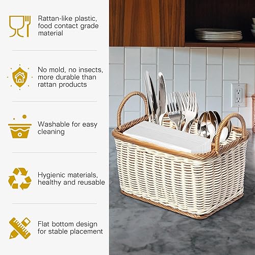 Miniatura 4 de Hemoton Cesta organizadora de almacenamiento de cubiertos, soporte para utensilios tejido a mano, cubiertos, cesta para mesa de cocina, gabinete,