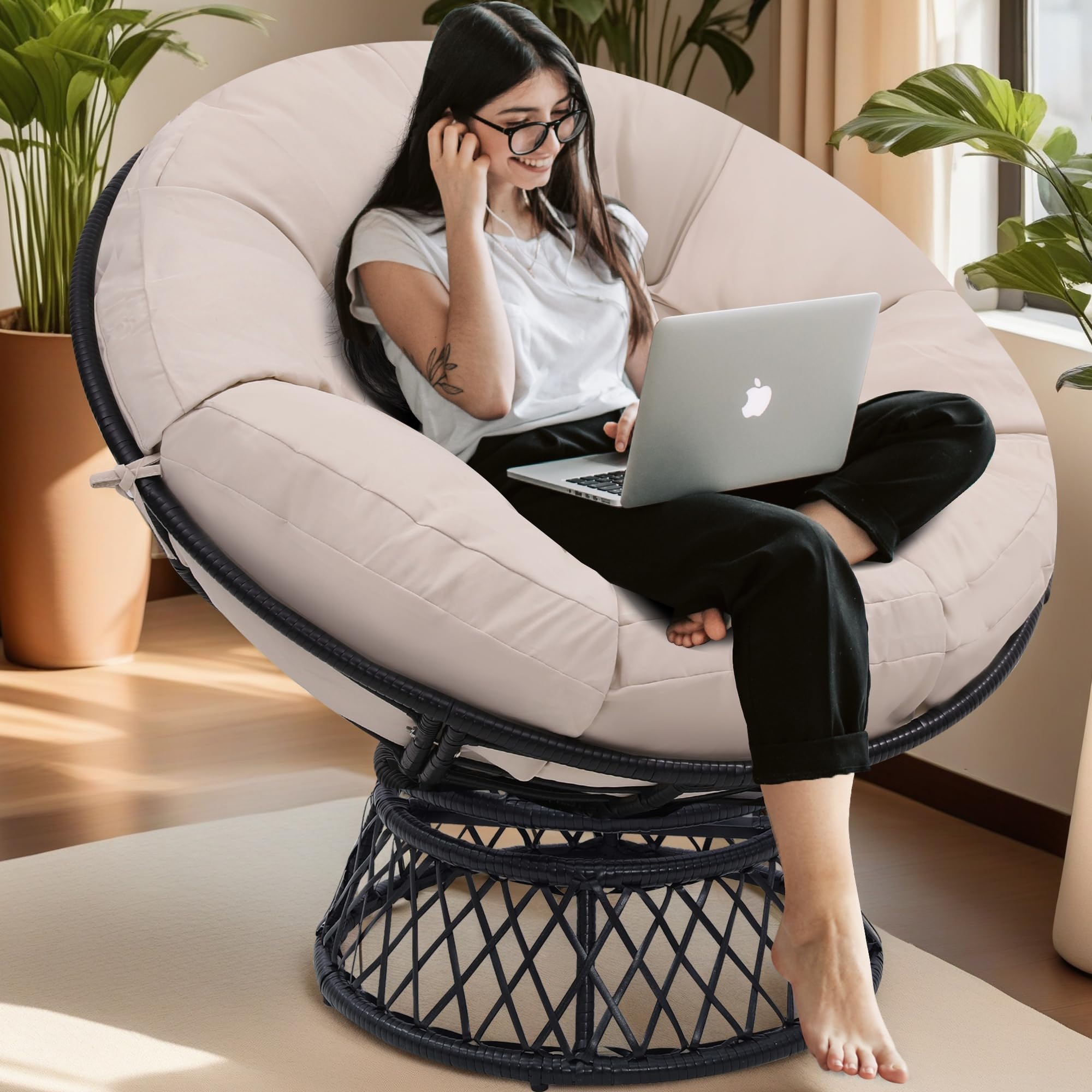 KROFEM 46" Giant Oversized Ergonomic Rattan Papasan Chair with Soft Thick Cushion for Adults, Fluid 360° Swivel, Waterproof, Black Frame with Beige