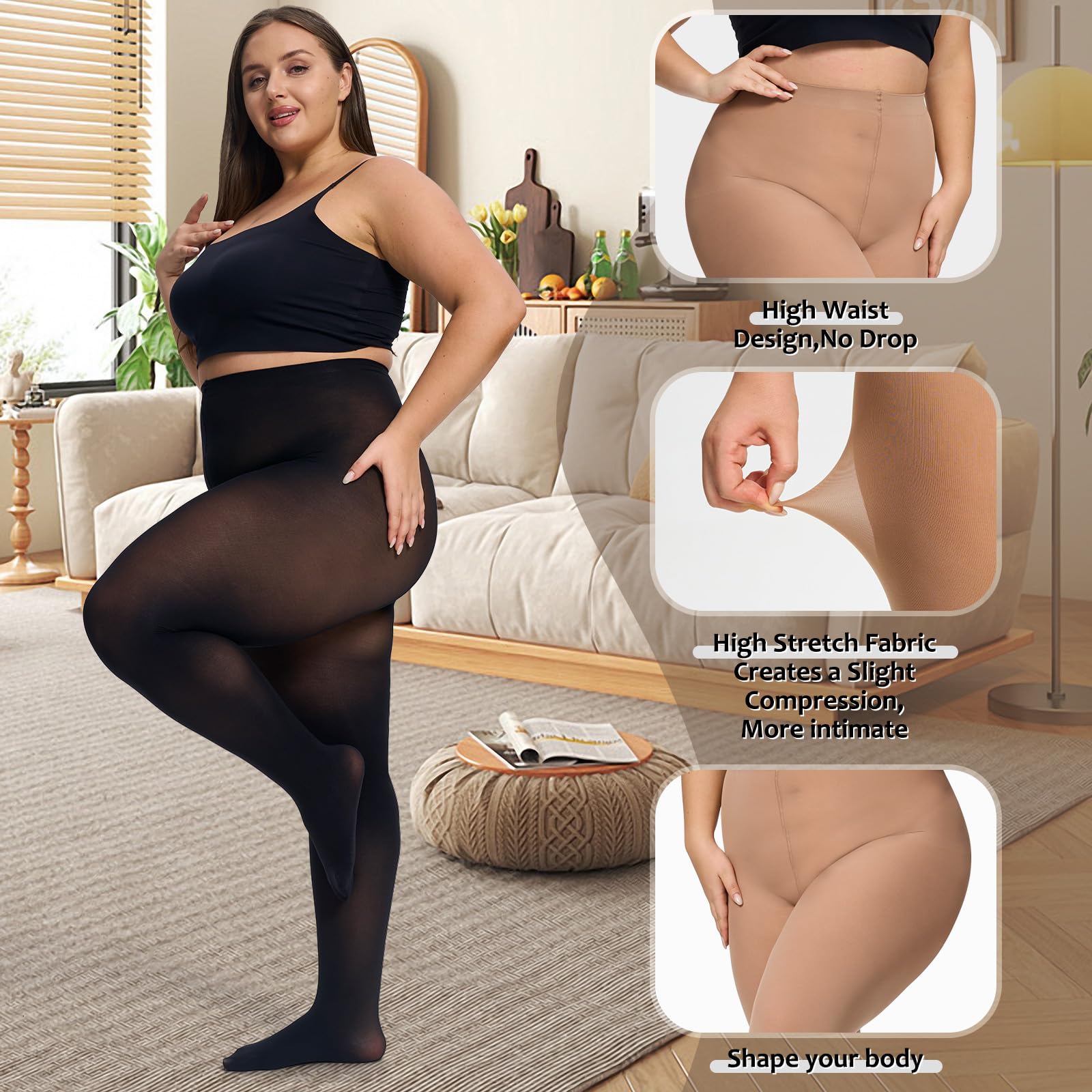 UISLII Plus Size Tights for Women,2 pairs 80D Semi Opaque Tights women,Solid Color Soft High Waist Stockings Size Up to 6XL.: Black/Skin X-Large-XX-Large