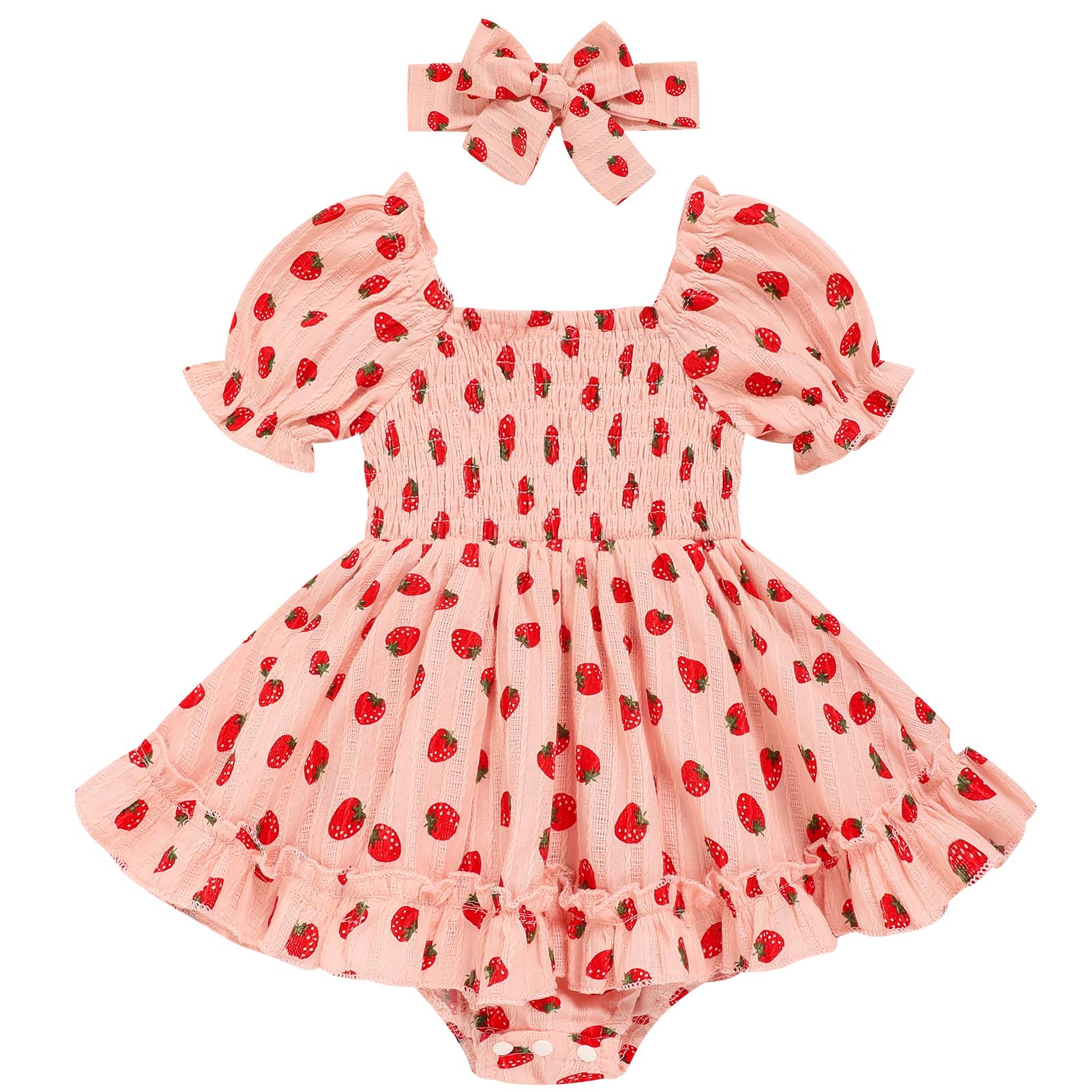 Baby Girl Romper Dress, Puff Sleeve Smocked Outfit with Headband for Infants Soft Cotton Photo Shoot