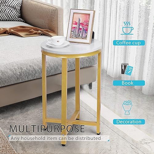 Miniatura 7 de VIVOHOME Juego de 2 mesas auxiliares redondas de 16 pulgadas en forma de X con parte superior de mármol sintético marco dorado para sala de estar