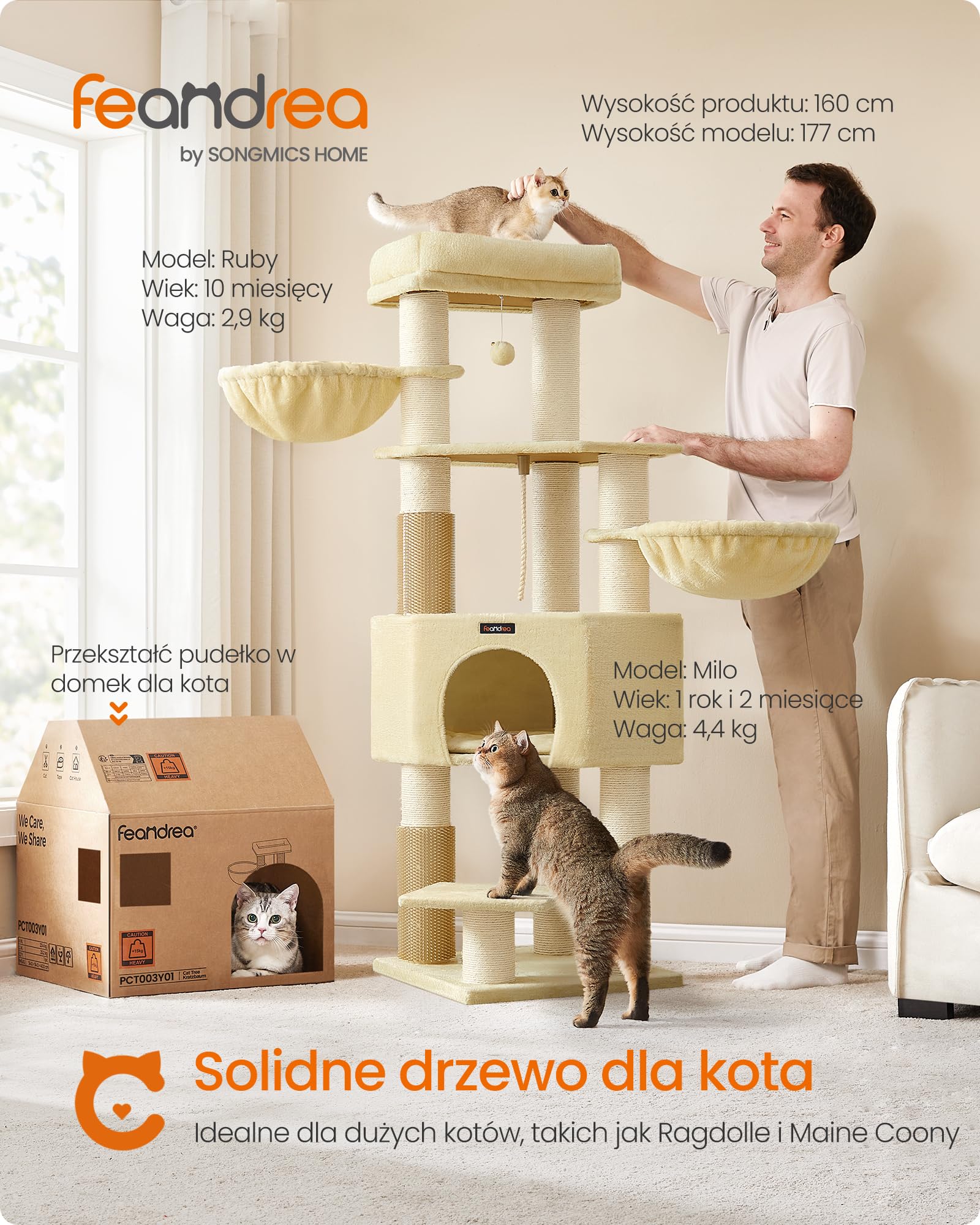 Feandrea Drapak dla kota z ciepłymi kocykami, dla dużych kotów, 2 szczotki kotów, pień o grubości 11,1 cm, duże platformy, jaskinia, 50 x 50 x 160 cm, piaskowo-beżowy PCT003Y01