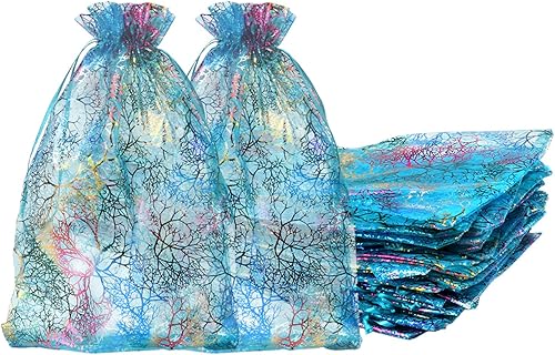 Zwish Paquete de 50 bolsas de regalo de organza de 8 x 12 pulgadas, estilo azul coral para juguetes, dulces, chocolate, fiesta, Navidad, regalo de