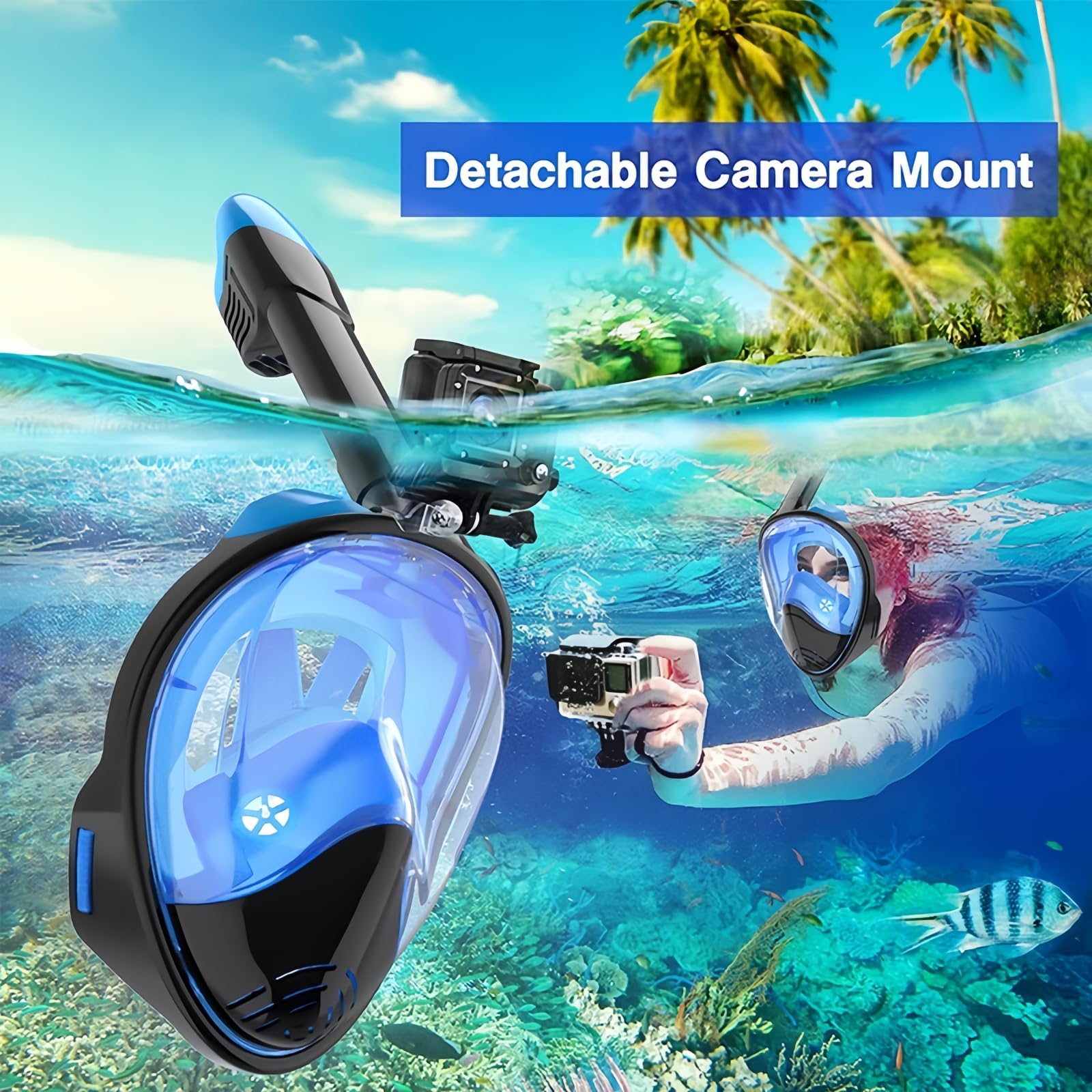 Máscara de snorkel para adultos y niños, máscara de buceo, plegable, protección de CO2, máscara completa con posición de cámara, máscara de buceo