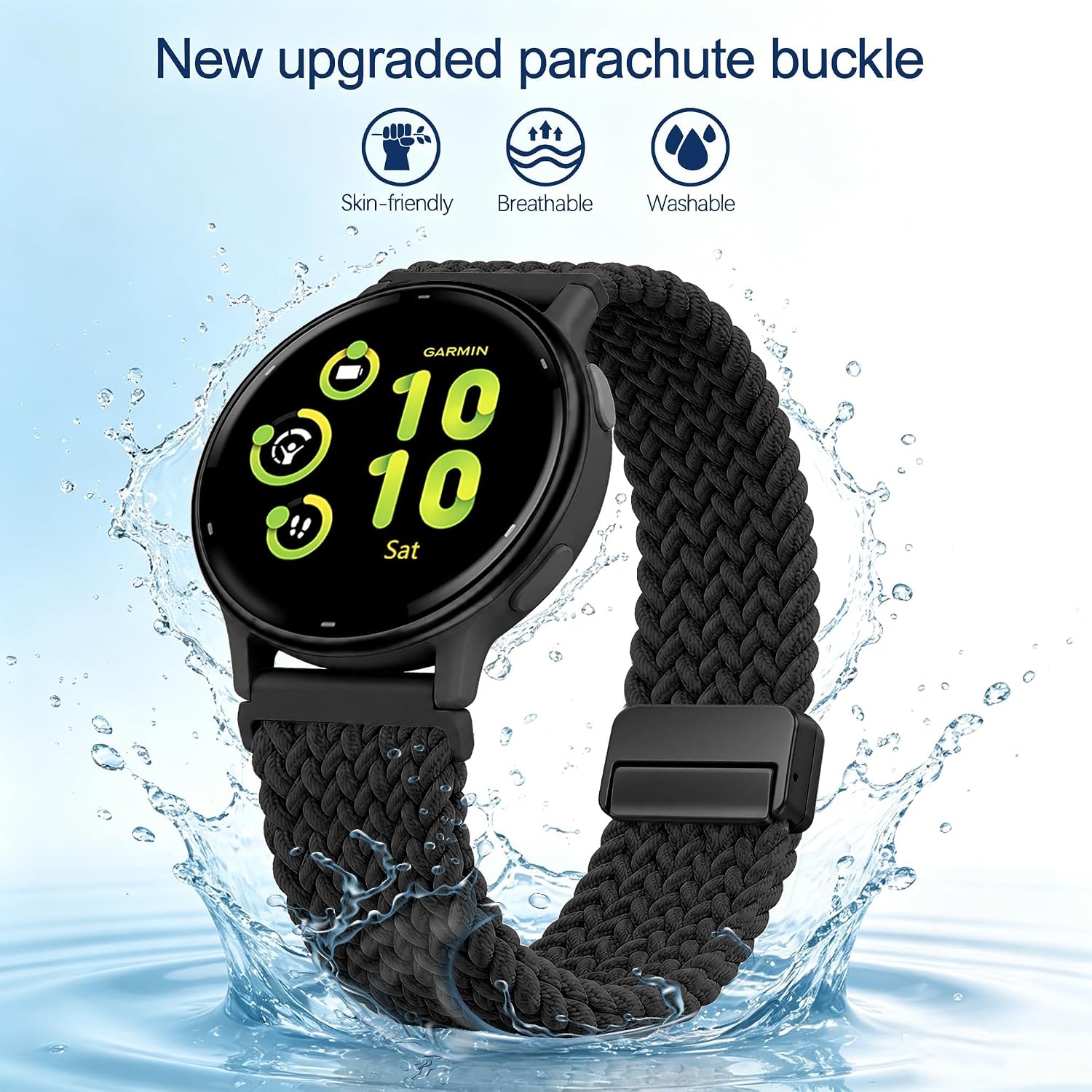 20mm Braided Magnetic Nylon Band for Garmin Vivoactive 5/6/3, Forerunner 165/245/55, Soft Nylon Solo Loop Magnetic Sport Strap for Venu 2 Plus/Venu Sq/Sq 2 Women Men