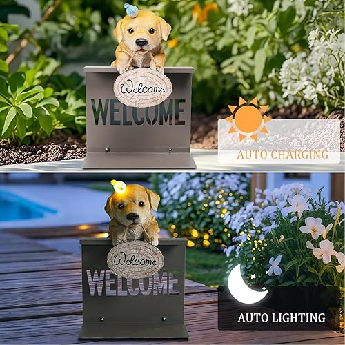 Miniatura 3 de Estatuas de perro de jardín con pájaro solar, estatua solar de cachorro de labrador con base de valla de bienvenida, esculturas al aire libre,