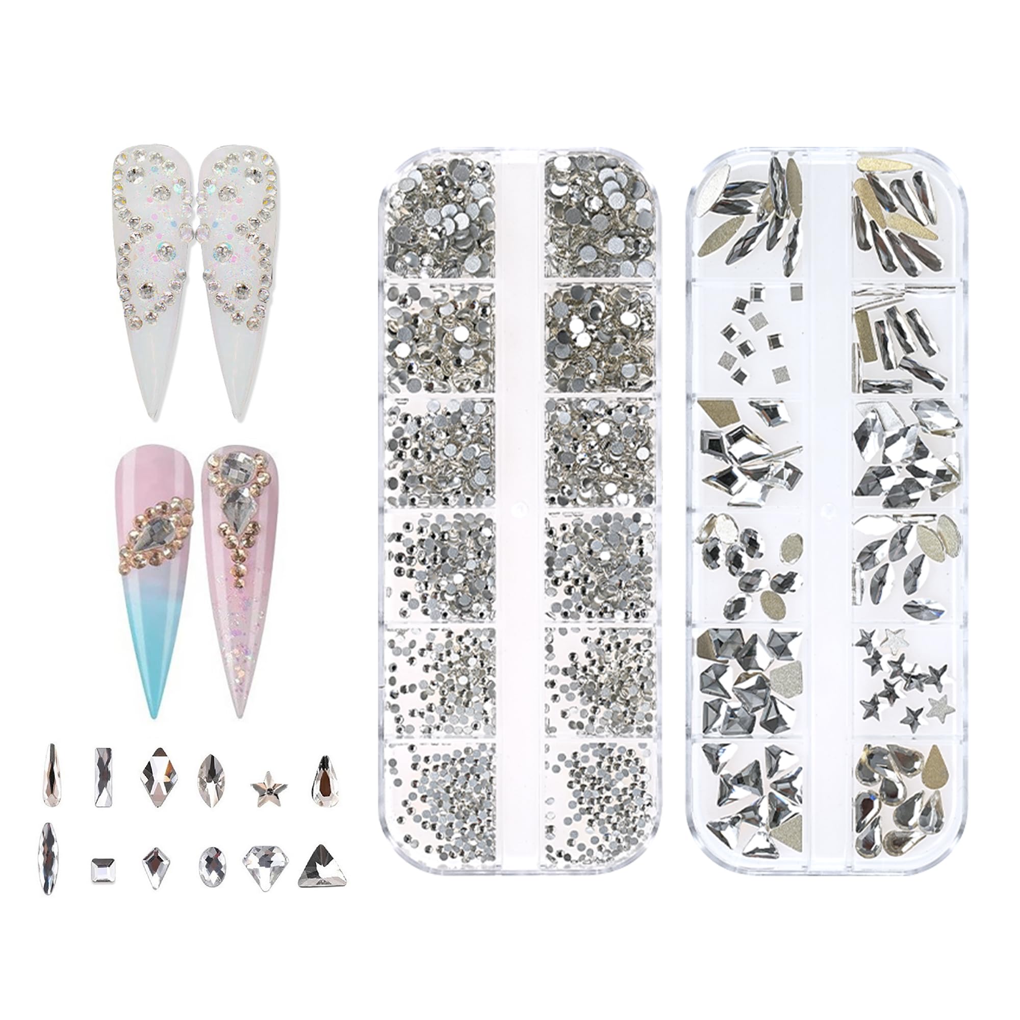 Lot de 1920 strass à dos plat en verre, pendentifs en cristal, diamants, pierres précieuses, pour nail art, différentes formes, cristal