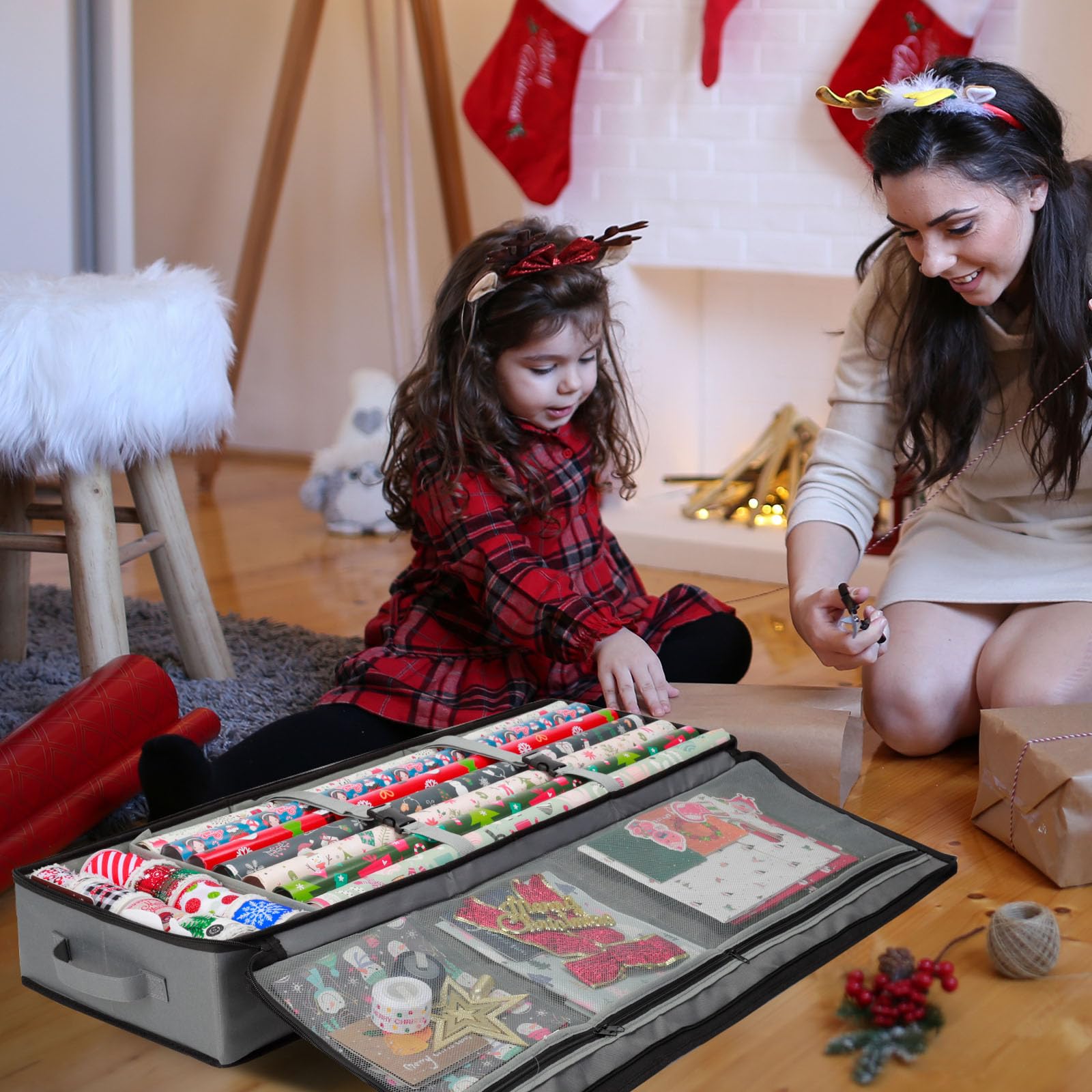 Cong.Lai Geschenkpapier Aufbewahrung: Aufbewahrungstasche für Geschenkpapier - Wasserdichtes 600D Oxford Gewebe - Geschenkpapierrollen Organizer mit Fächern 90x30x12cm Grau (Packung mit 2)