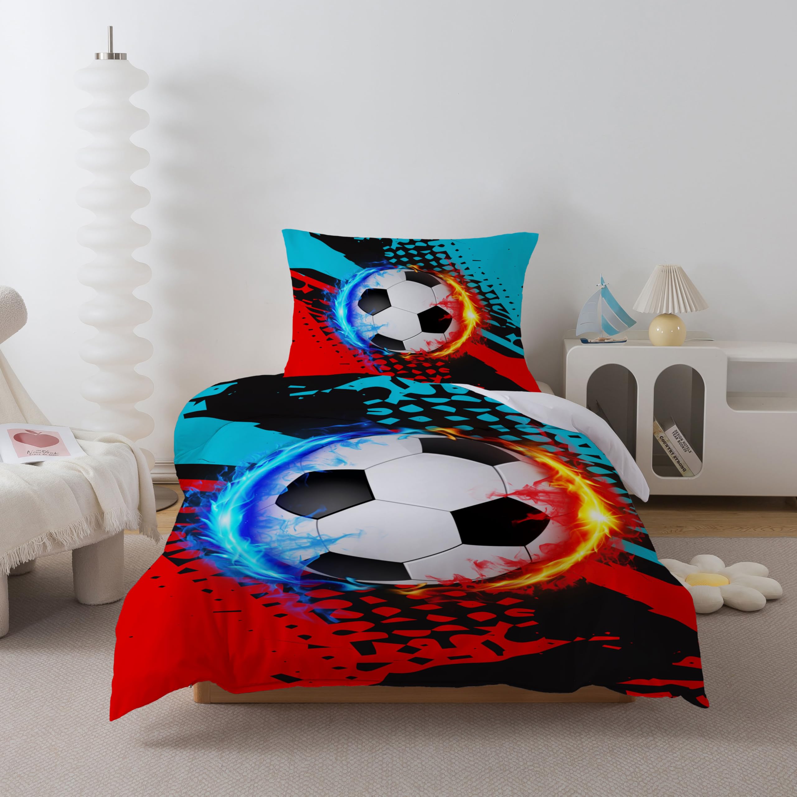 DJDEA Toddlers Duvet Cover Sets 120 x 150cm, Football Pattern Print Junior/Cot Duvet Cover Set - Image 3