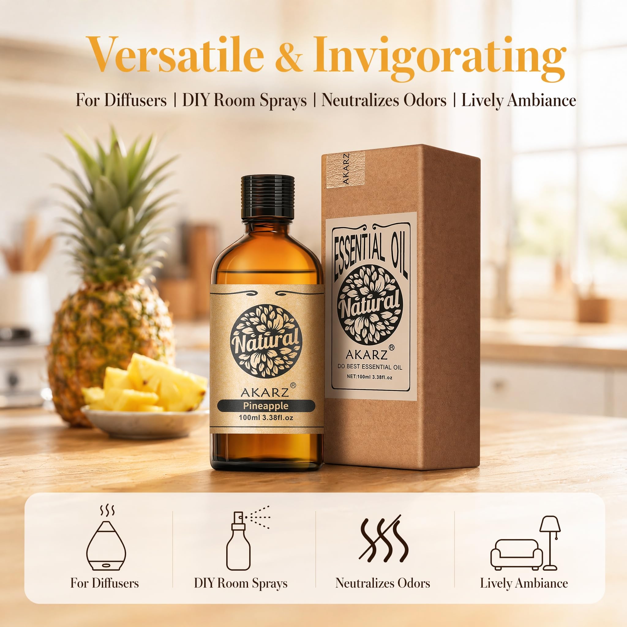 AKARZ 100ml Olejek esencjny z Ananasa - Naturalny olejek aromatyczny do dyfuzorów, lamp aromatycznych i aromatów pomieszczeń