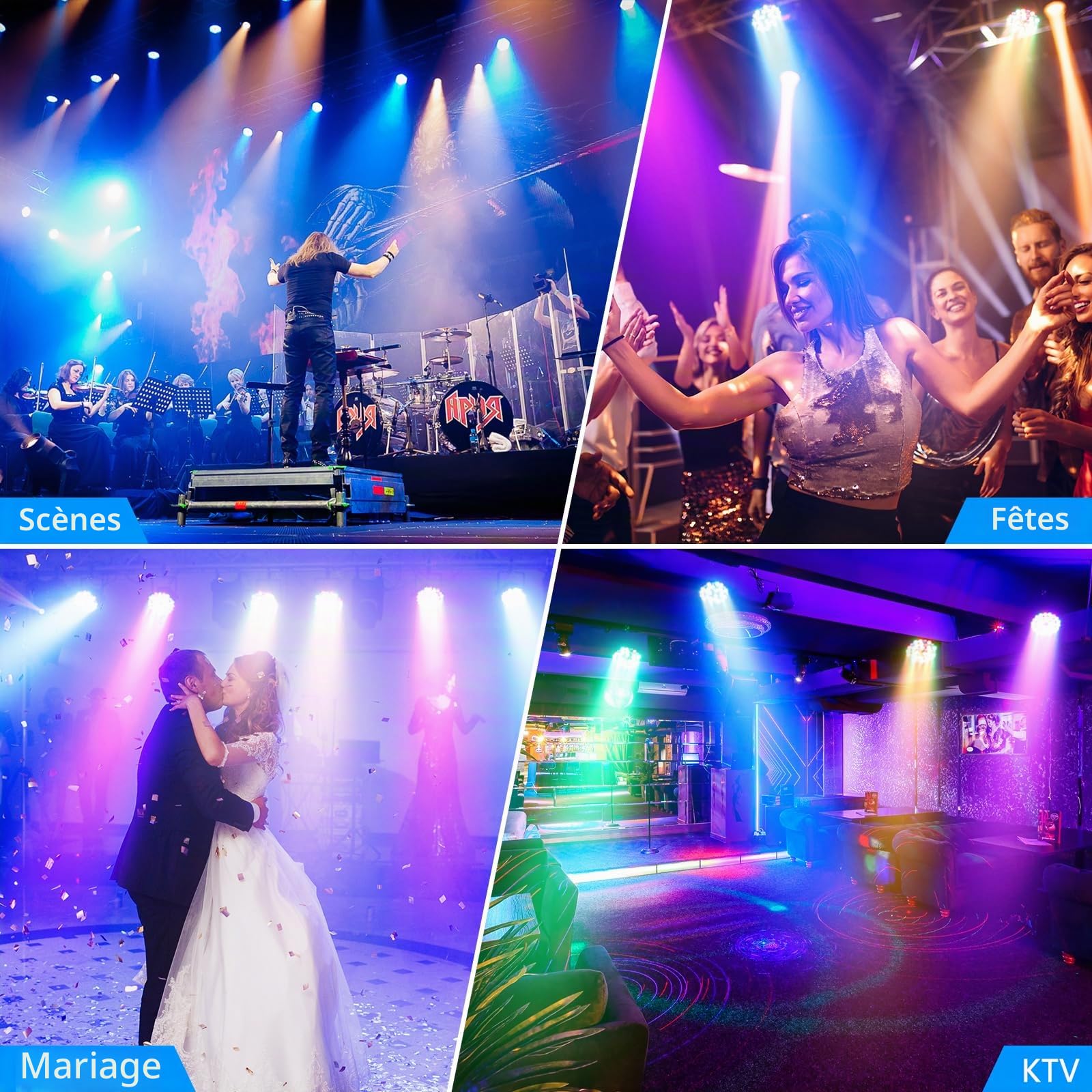 4 PCS RGB 36 LED Lumiere Par, 36W Lumiere de Scene avec Télécommande et 4 Modes de Contrôle, Par LED Eclairage Scene pour Noël Halloween Disco Show Concerts Party